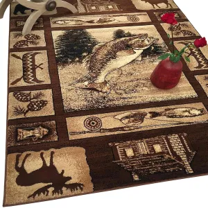 HR Wilderness Elegance: Geometric Cabin Area Rug with Abstract Moose. Kayak. Fishing Gear. and Big Fish Design