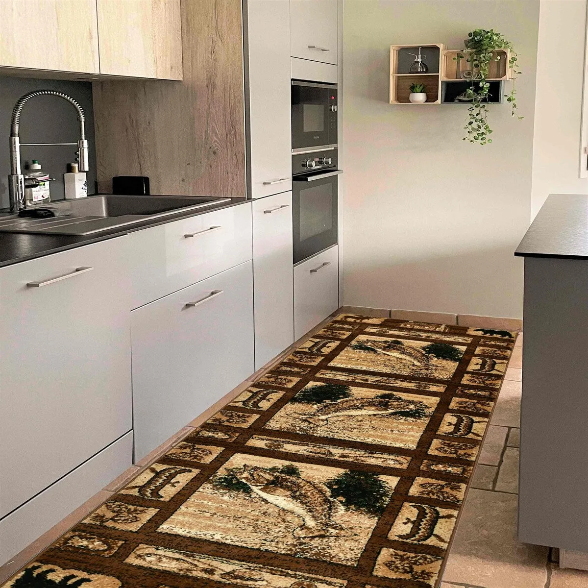 HR Wilderness Elegance: Geometric Cabin Area Rug with Abstract Moose. Kayak. Fishing Gear. and Big Fish Design