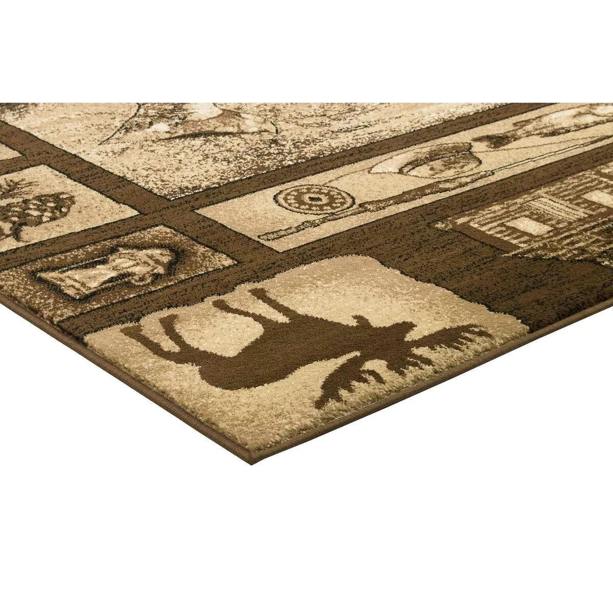 HR Wilderness Elegance: Geometric Cabin Area Rug with Abstract Moose. Kayak. Fishing Gear. and Big Fish Design