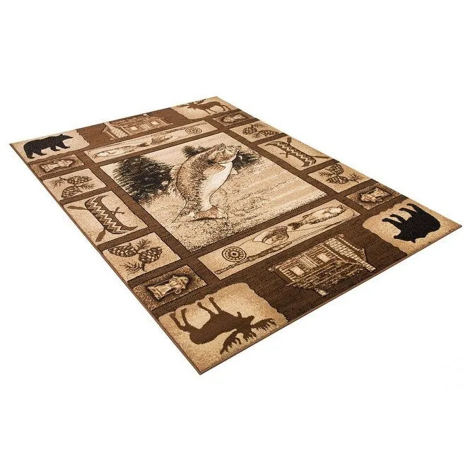 HR Wilderness Elegance: Geometric Cabin Area Rug with Abstract Moose. Kayak. Fishing Gear. and Big Fish Design