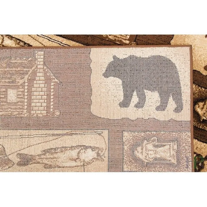 HR Wilderness Elegance: Geometric Cabin Area Rug with Abstract Moose. Kayak. Fishing Gear. and Big Fish Design