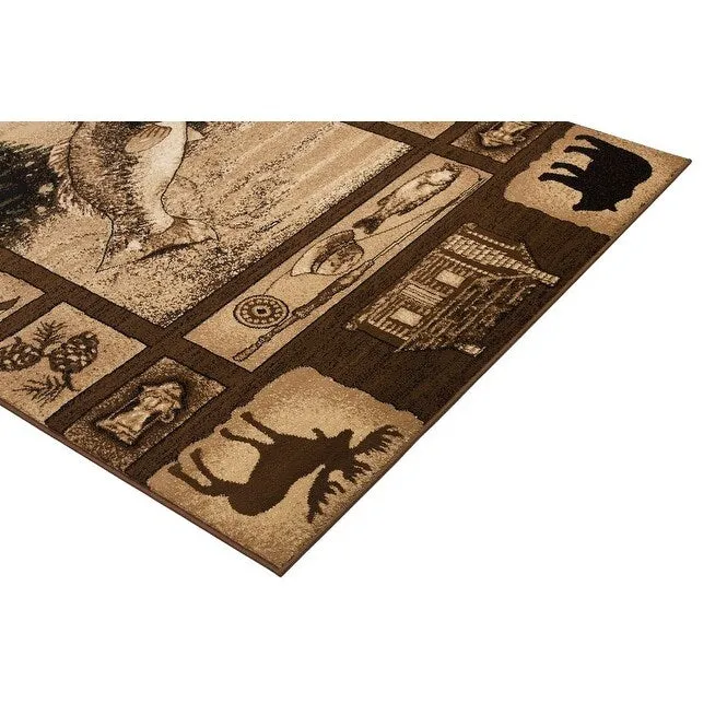 HR Wilderness Elegance: Geometric Cabin Area Rug with Abstract Moose. Kayak. Fishing Gear. and Big Fish Design