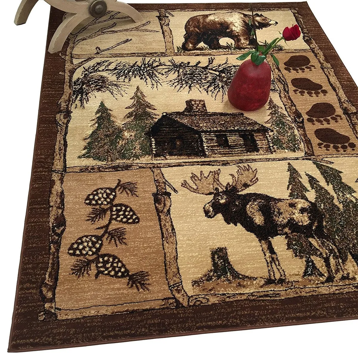 HR Wilderness Elegance: Geometric Cabin Area Rug with Abstract Moose. Kayak. Fishing Gear. and Big Fish Design