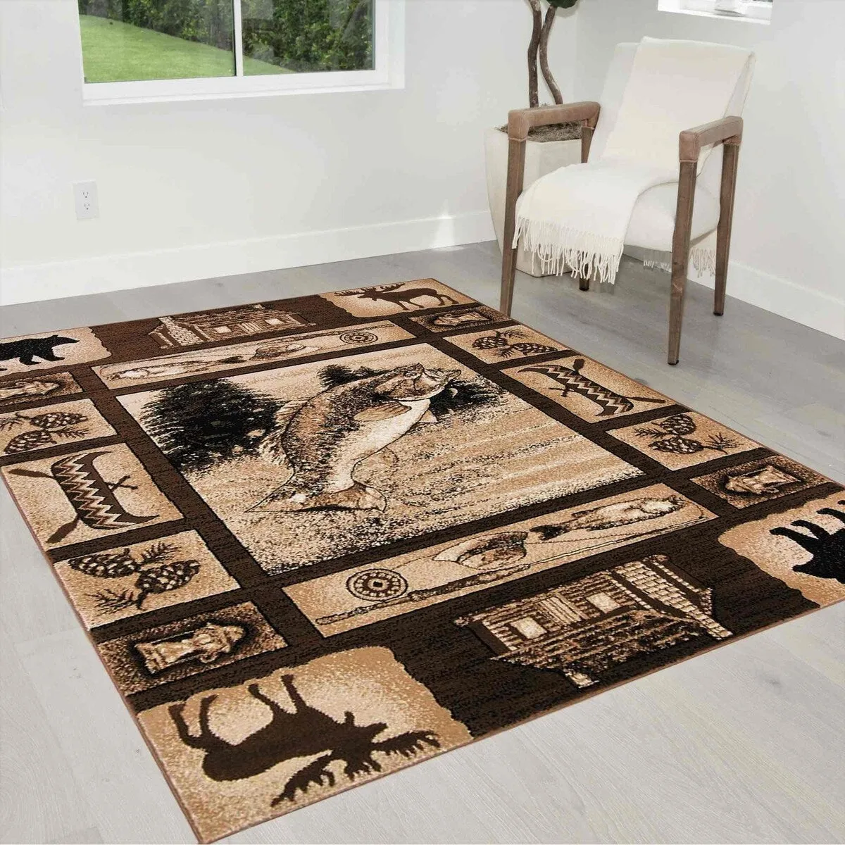 HR Wilderness Elegance: Geometric Cabin Area Rug with Abstract Moose. Kayak. Fishing Gear. and Big Fish Design