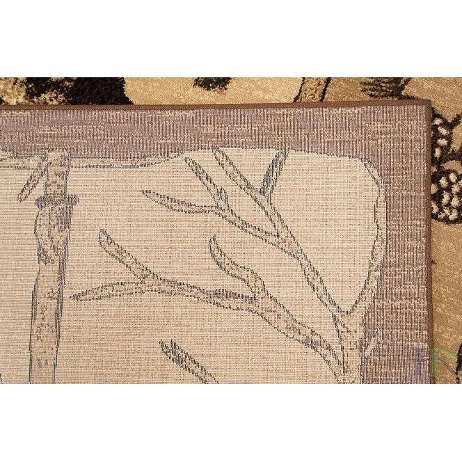 HR Wilderness Elegance: Geometric Cabin Area Rug with Abstract Moose. Kayak. Fishing Gear. and Big Fish Design
