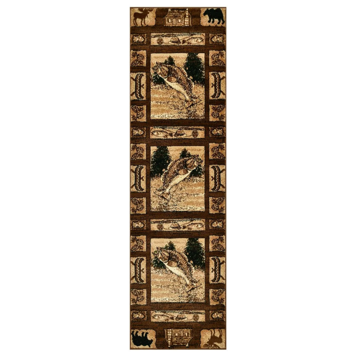 HR Wilderness Elegance: Geometric Cabin Area Rug with Abstract Moose. Kayak. Fishing Gear. and Big Fish Design