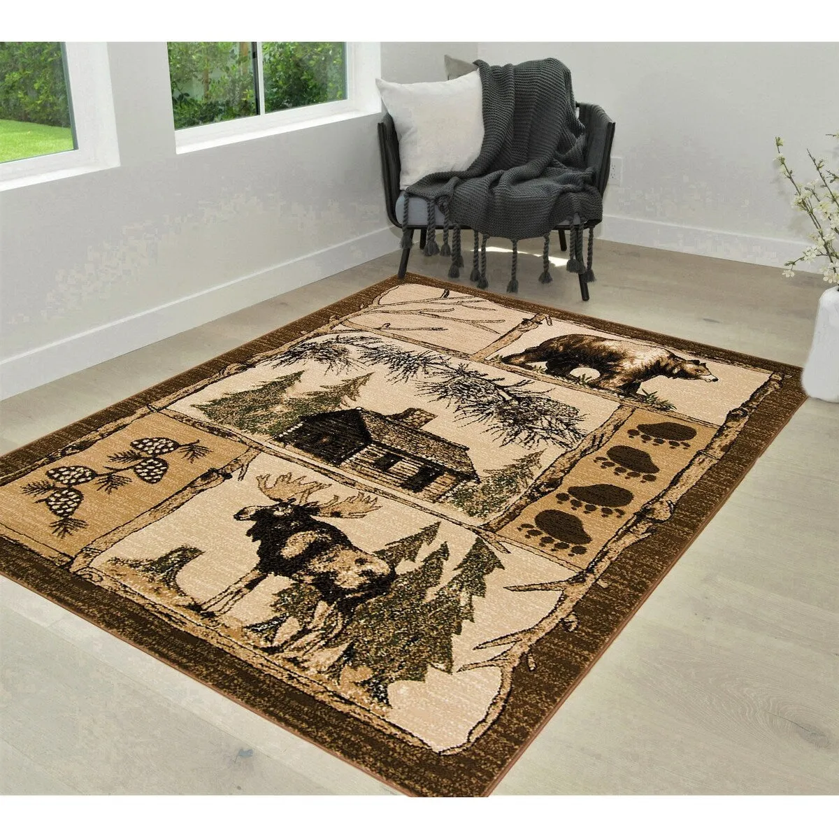 HR Wilderness Elegance: Geometric Cabin Area Rug with Abstract Moose. Kayak. Fishing Gear. and Big Fish Design