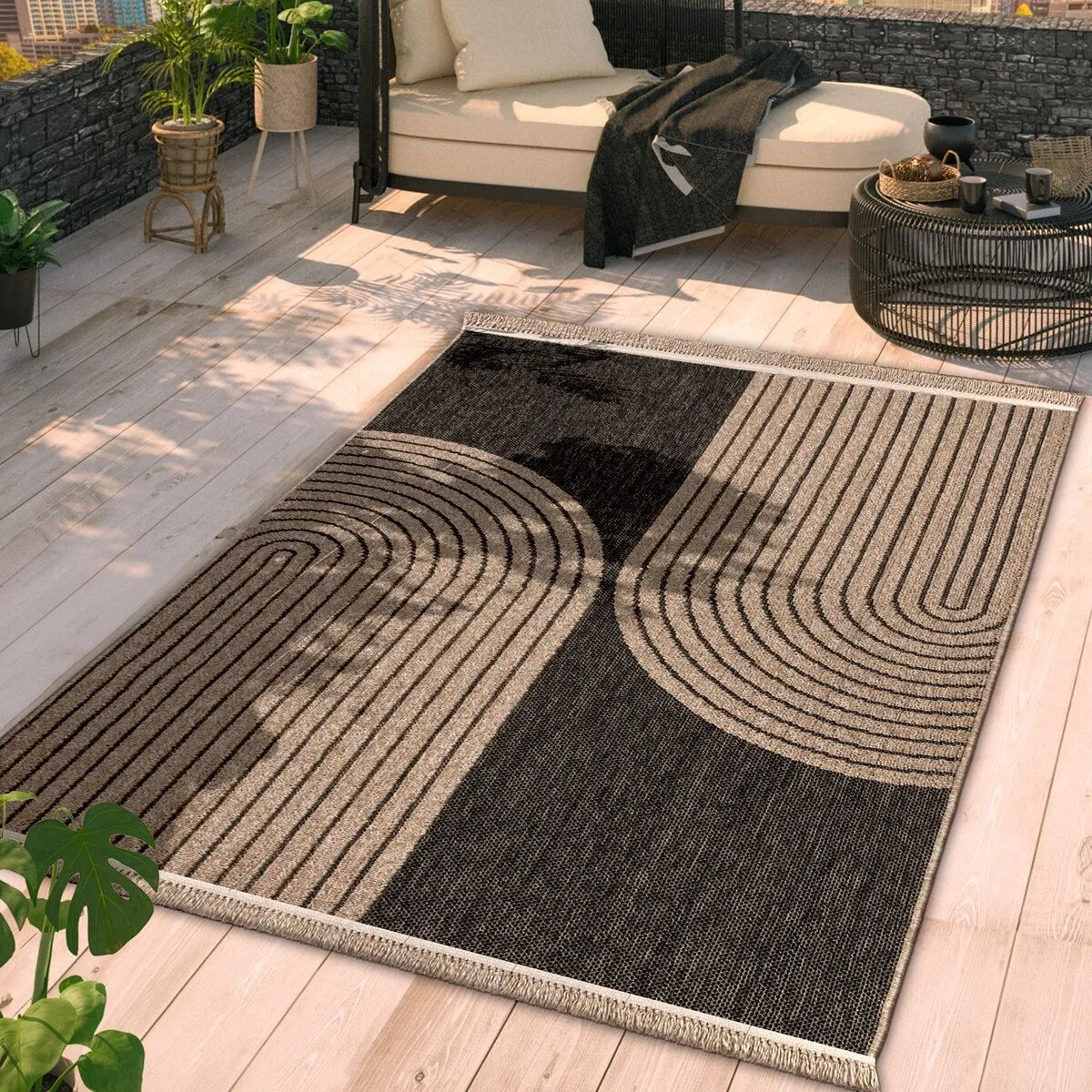 Indoor and Outdoor Rug Boho Look with Modern Curved Lines