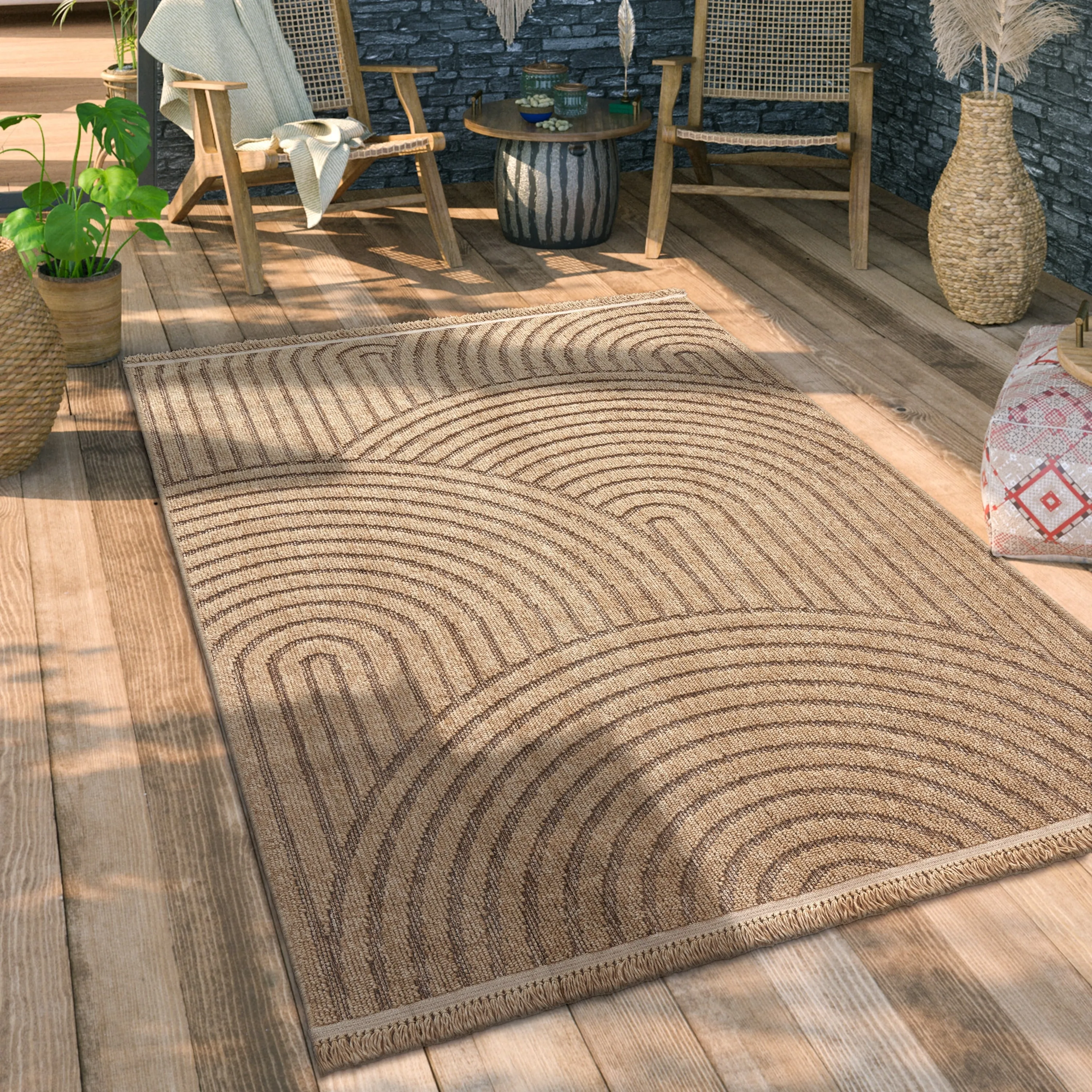 Indoor and Outdoor Rug Boho Look with Modern Curved Lines