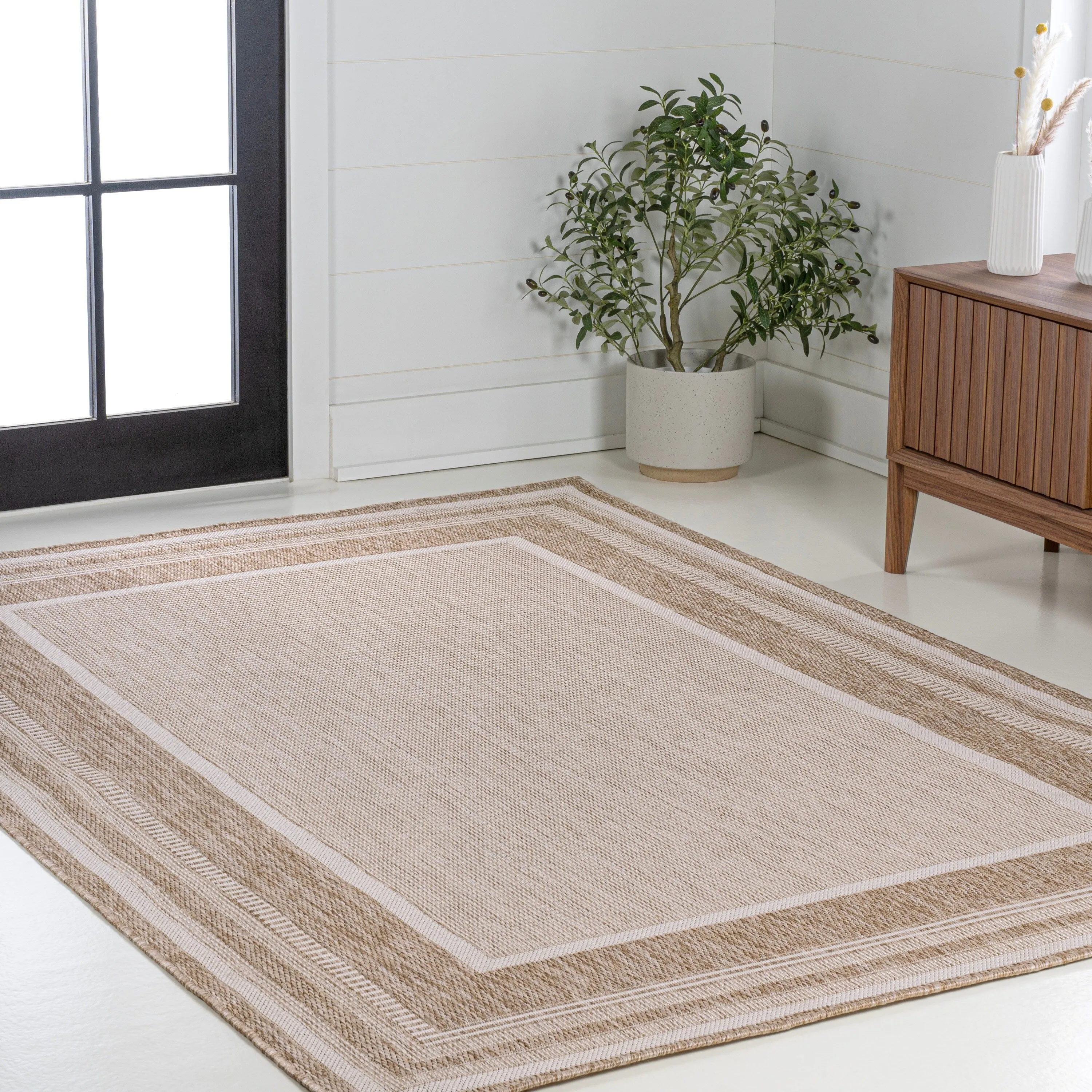 JONATHAN Y Dover Classic Casual Border Stripe Beige/Cream Indoor/Outdoor Area Rug