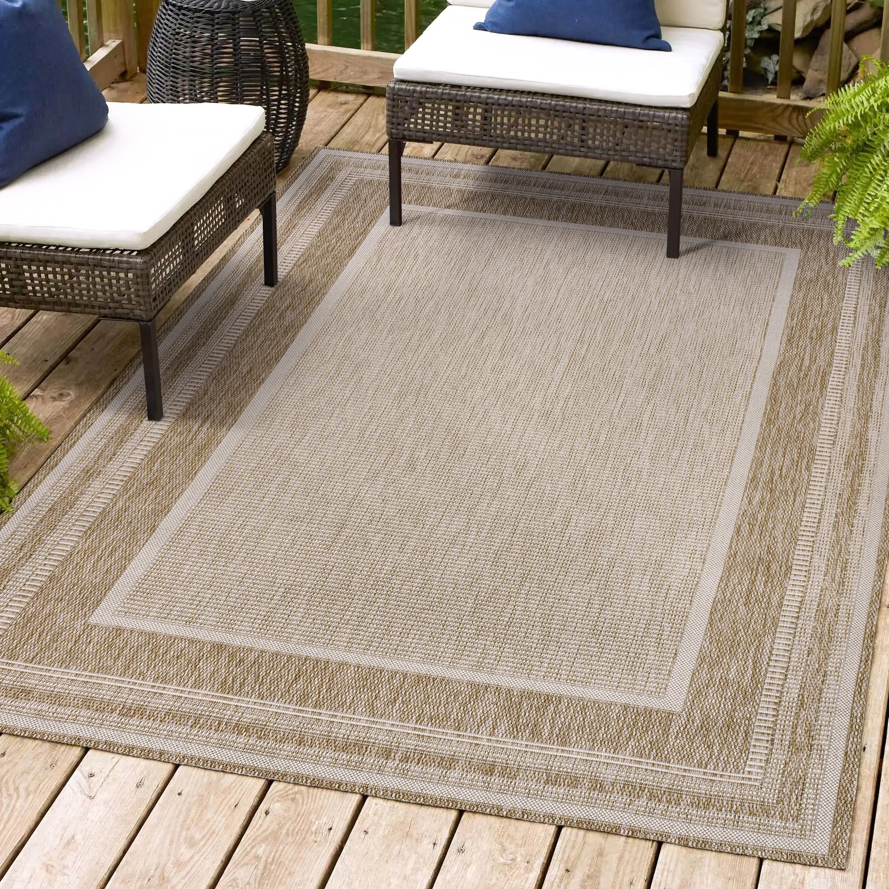 JONATHAN Y Dover Classic Casual Border Stripe Beige/Cream Indoor/Outdoor Area Rug