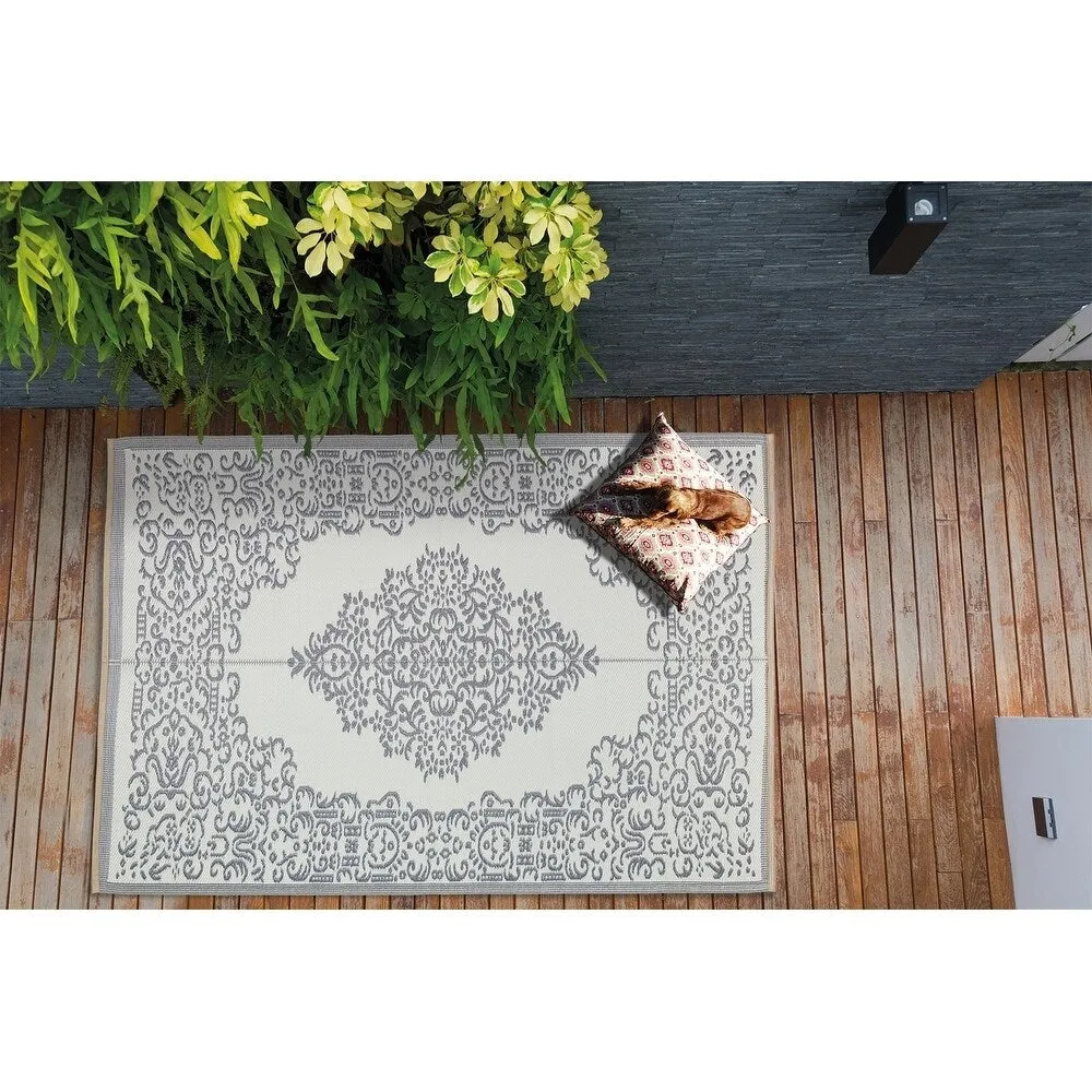 Lightweight Indoor Outdoor Reversible Area Rug - 5.9 x 8.9 Feet - Medallion Oriental- Grey - N/A