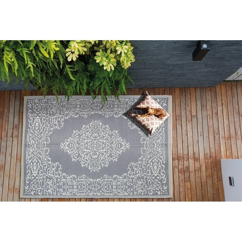 Lightweight Indoor Outdoor Reversible Area Rug - 5.9 x 8.9 Feet - Medallion Oriental- Grey - N/A