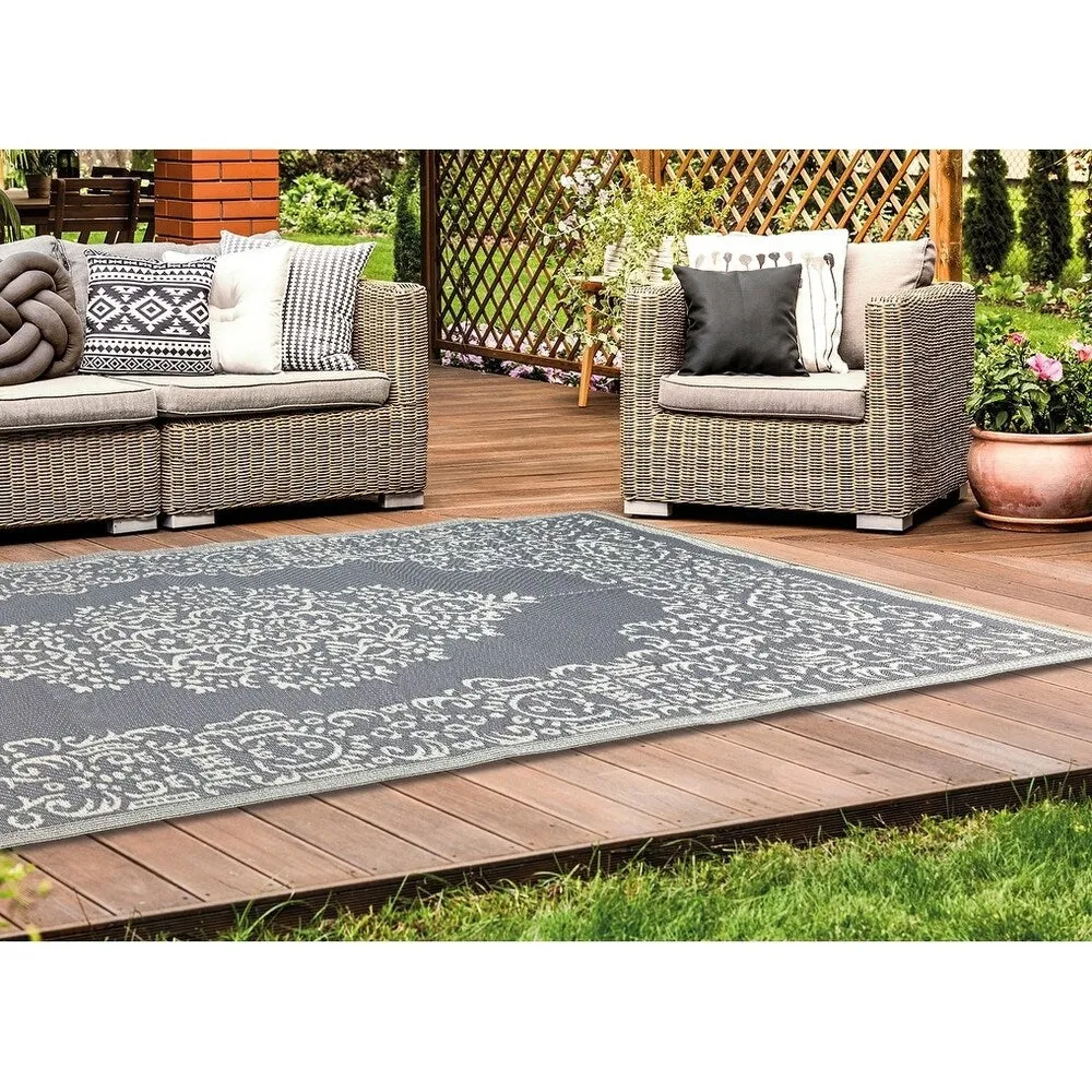 Lightweight Indoor Outdoor Reversible Area Rug - 5.9 x 8.9 Feet - Medallion Oriental- Grey - N/A