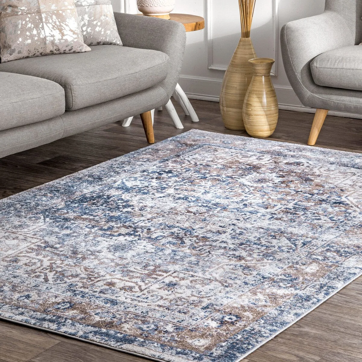 Nuloom Blue Transitional Classical Herver Florid Distressed Persian Medallion Border Area Rug