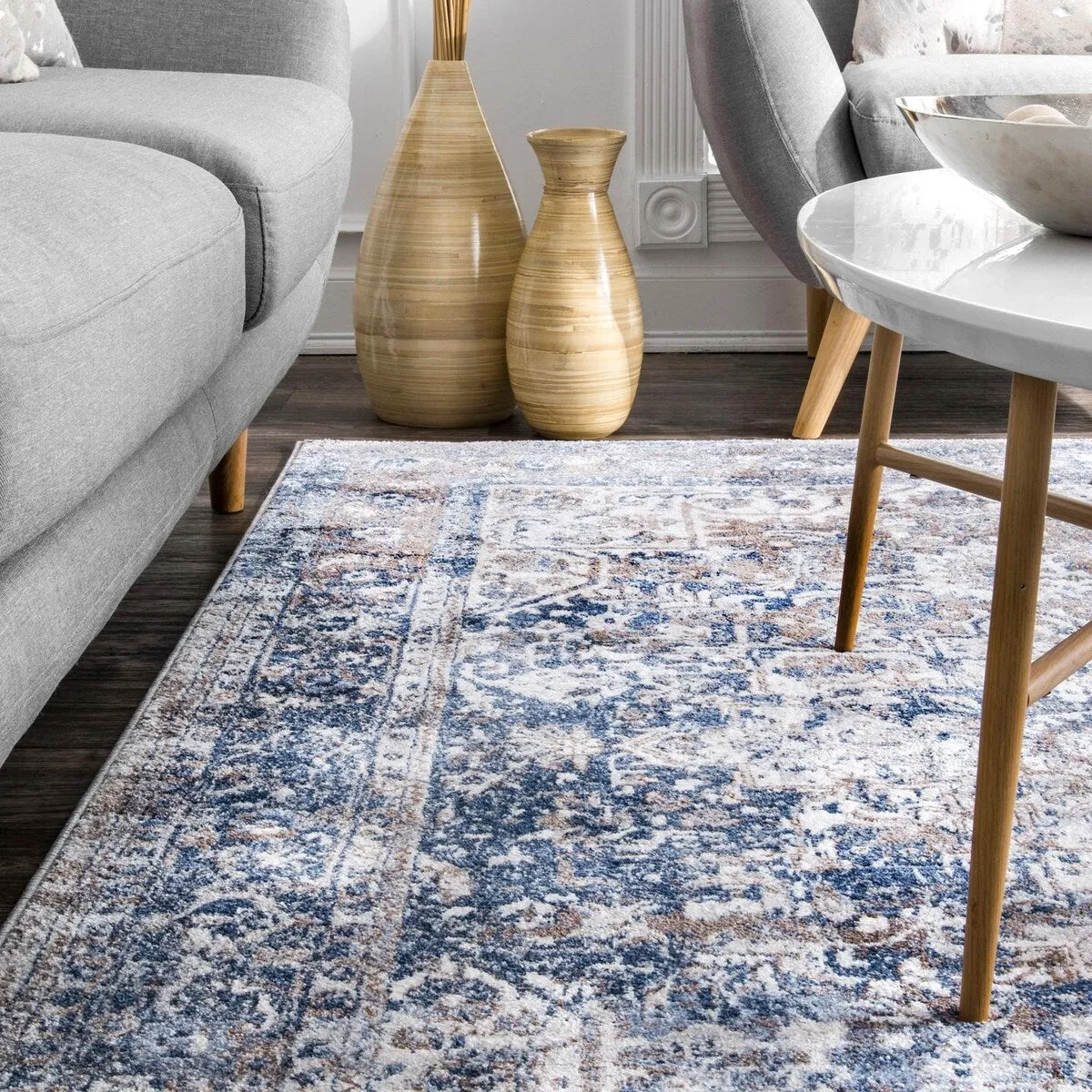 Nuloom Blue Transitional Classical Herver Florid Distressed Persian Medallion Border Area Rug