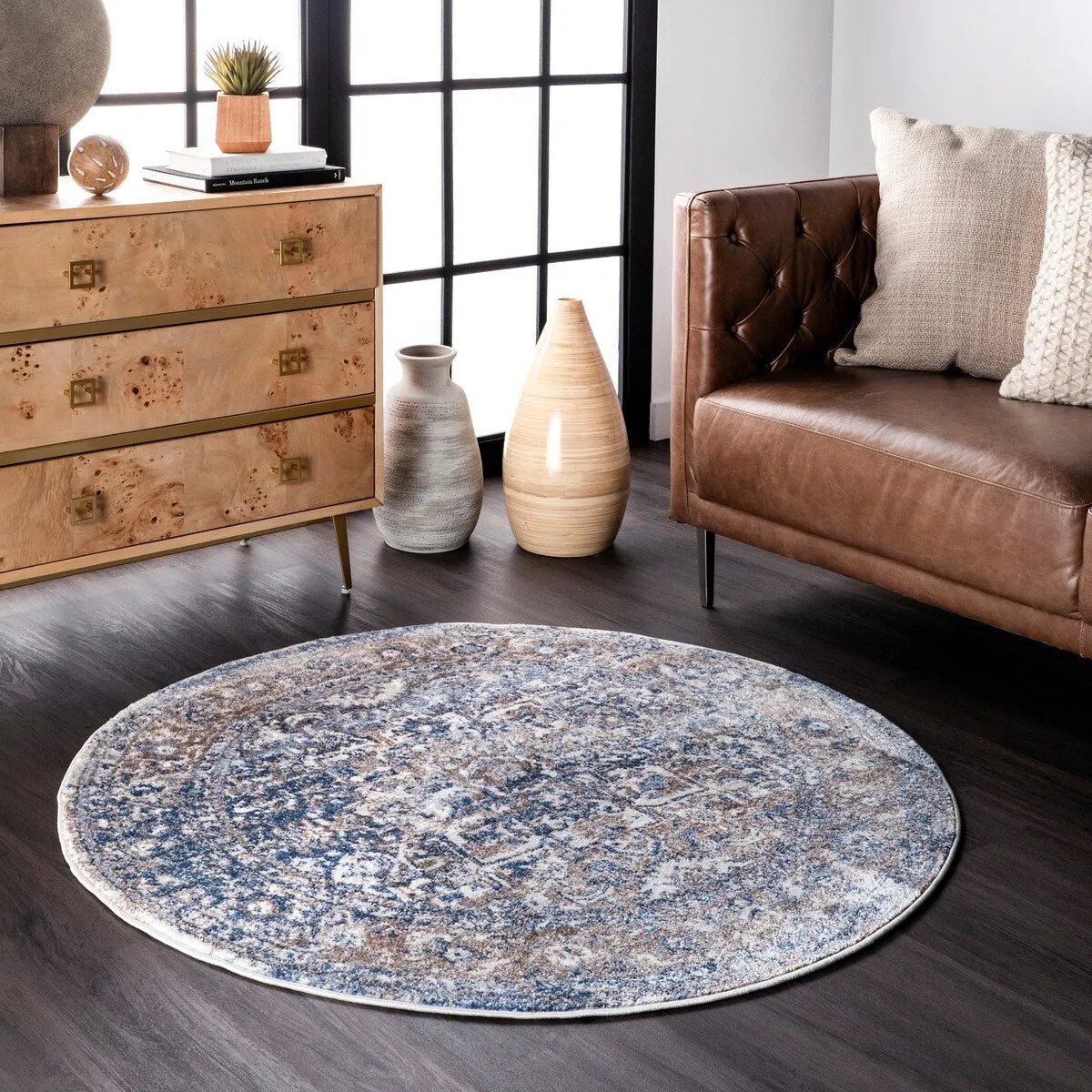 Nuloom Blue Transitional Classical Herver Florid Distressed Persian Medallion Border Area Rug