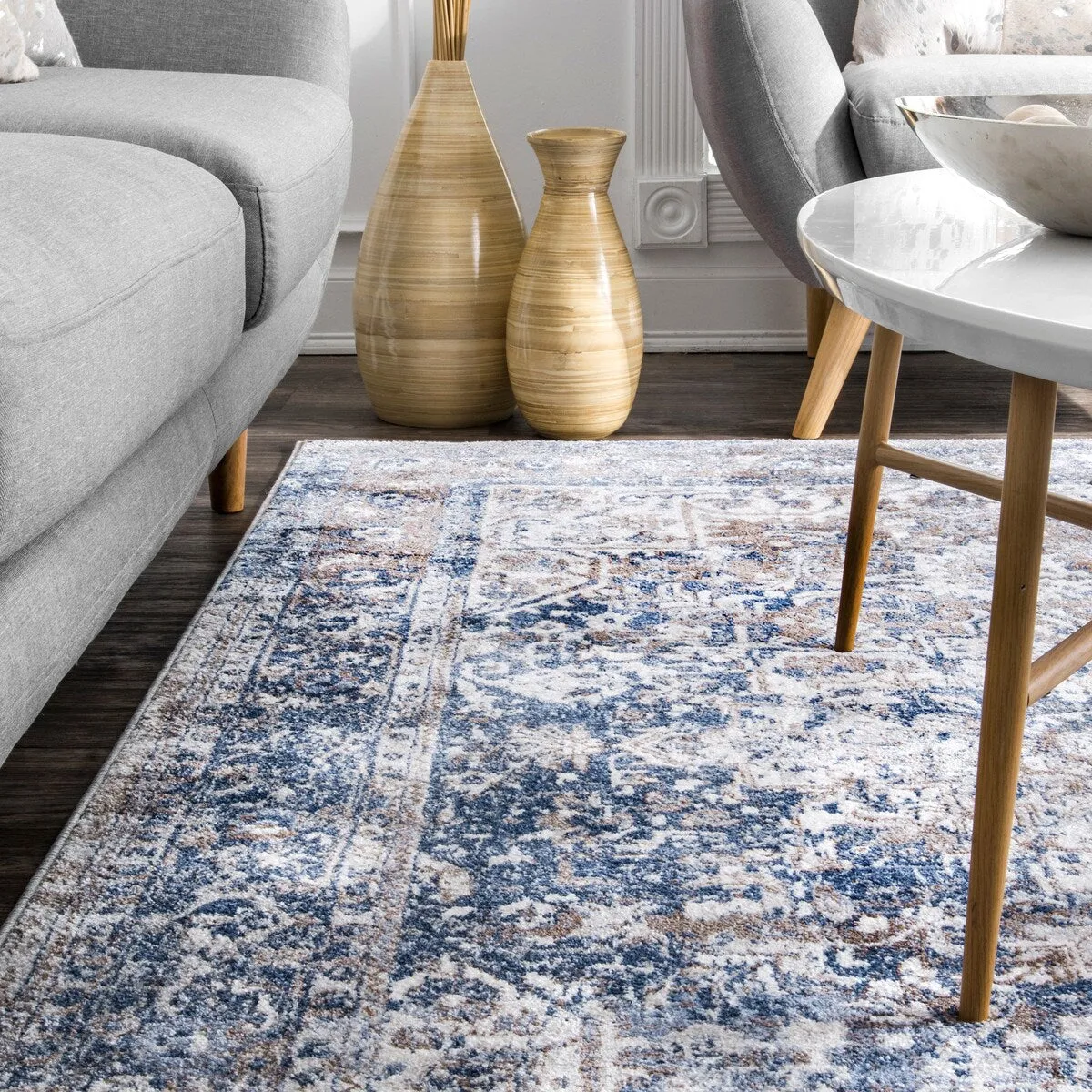 Nuloom Blue Transitional Classical Herver Florid Distressed Persian Medallion Border Area Rug