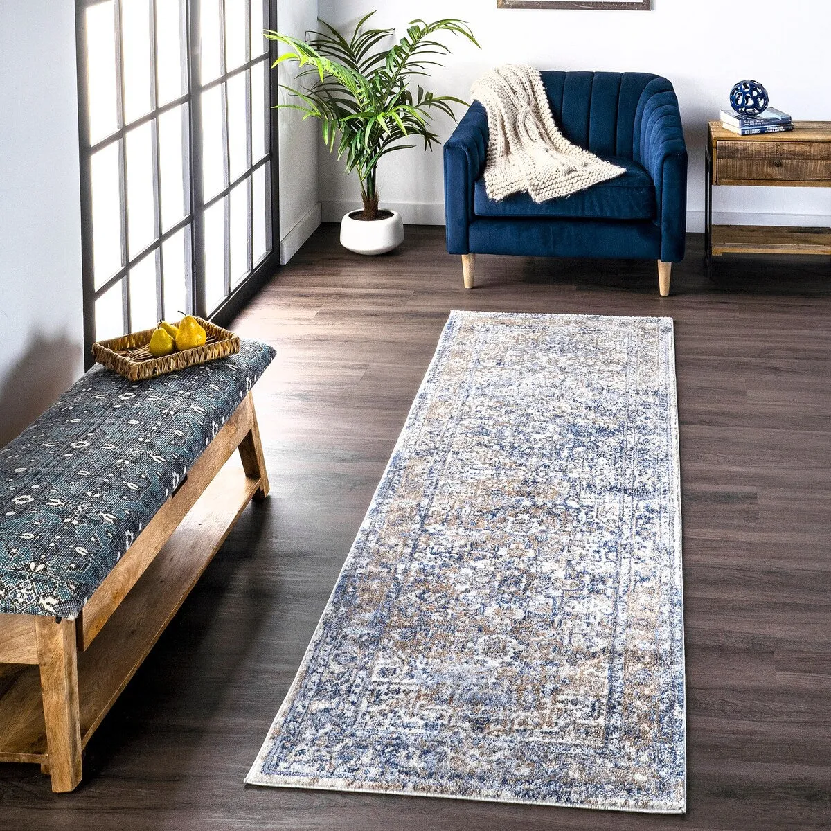 Nuloom Blue Transitional Classical Herver Florid Distressed Persian Medallion Border Area Rug