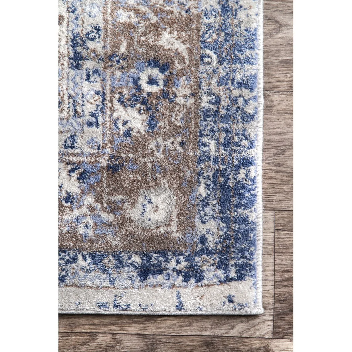 Nuloom Blue Transitional Classical Herver Florid Distressed Persian Medallion Border Area Rug