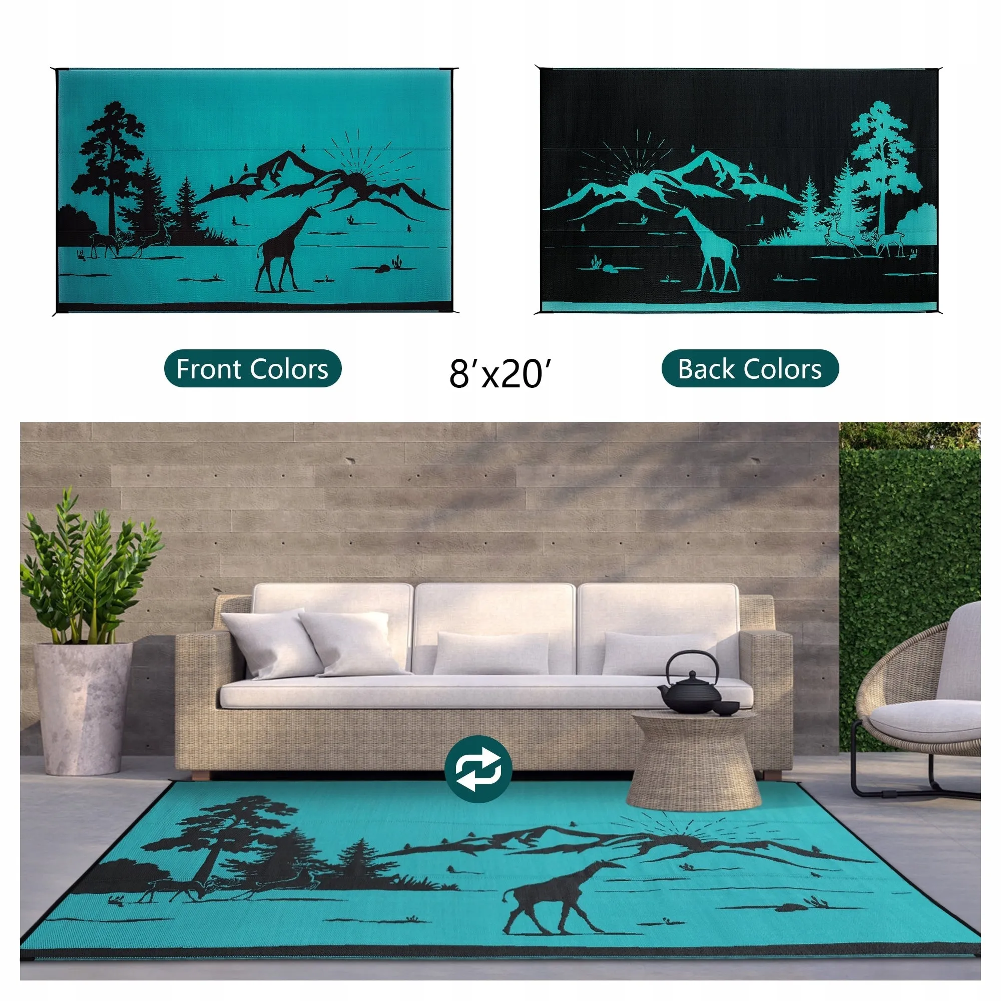 Outdoor Reversible Rugs for Garden Patio Camping Waterproof RV Rug