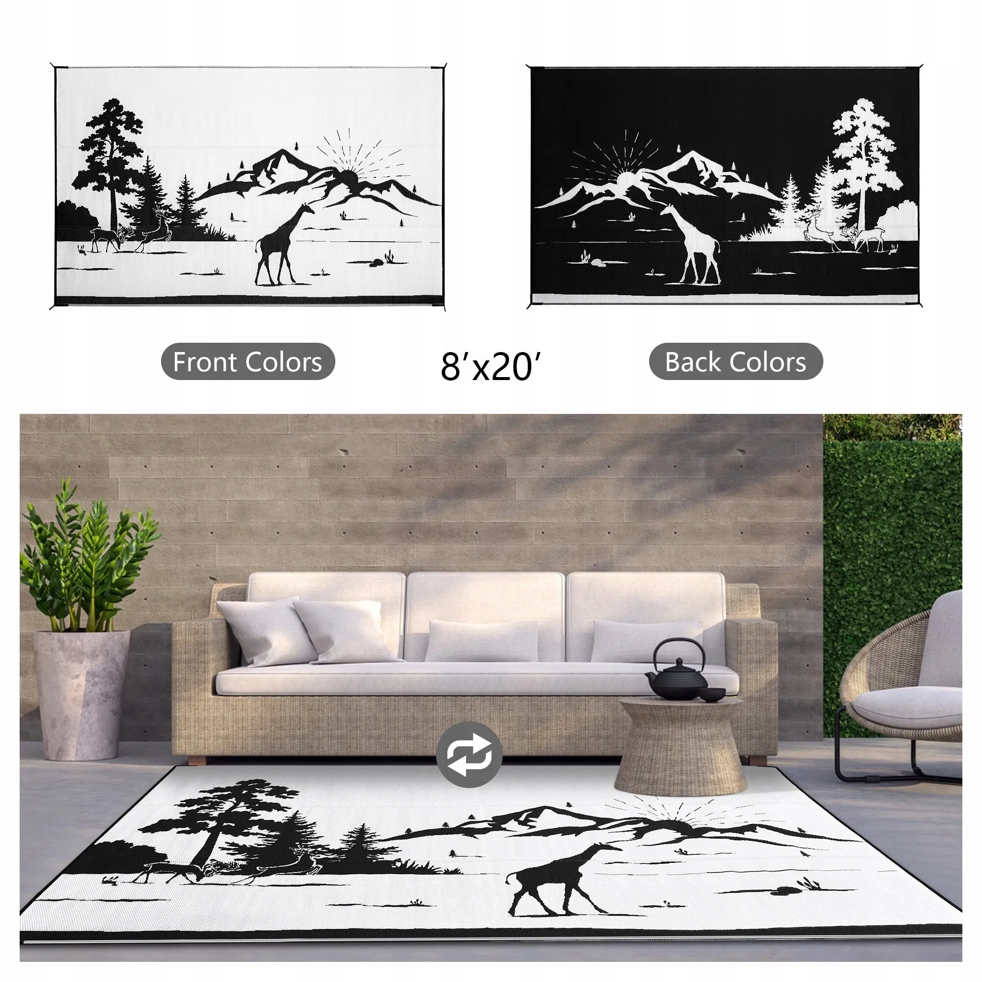 Outdoor Reversible Rugs for Garden Patio Camping Waterproof RV Rug