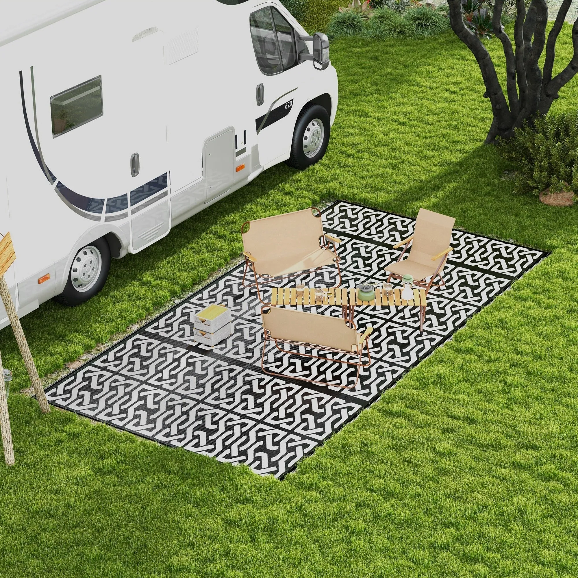 Outsunny Reversible Outdoor Rug. 9' x 18' Waterproof Plastic Straw Floor Mat. Portable RV Camping Carpet - 9' x 18'