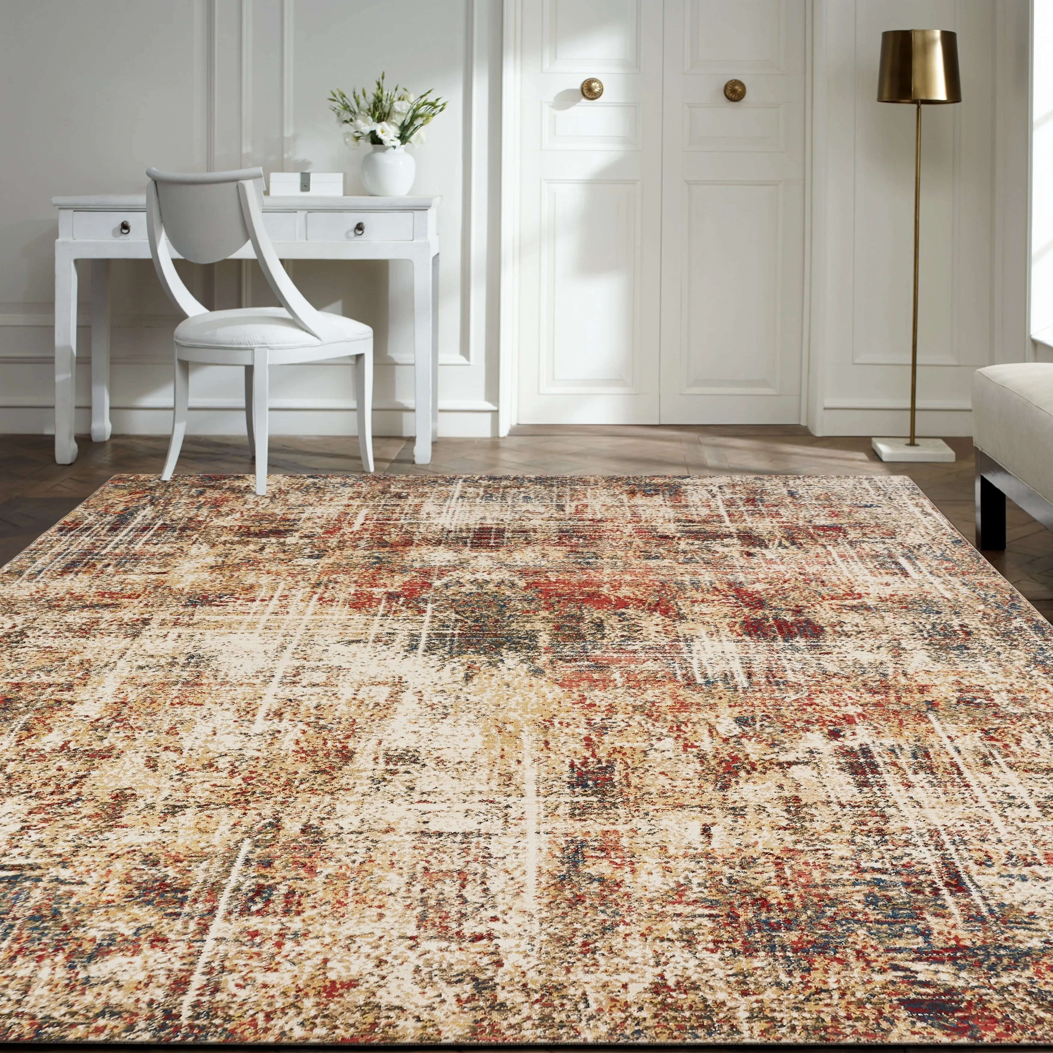 Porch & Den Delta Distressed Ivory / Crimson Abstract Area Rug