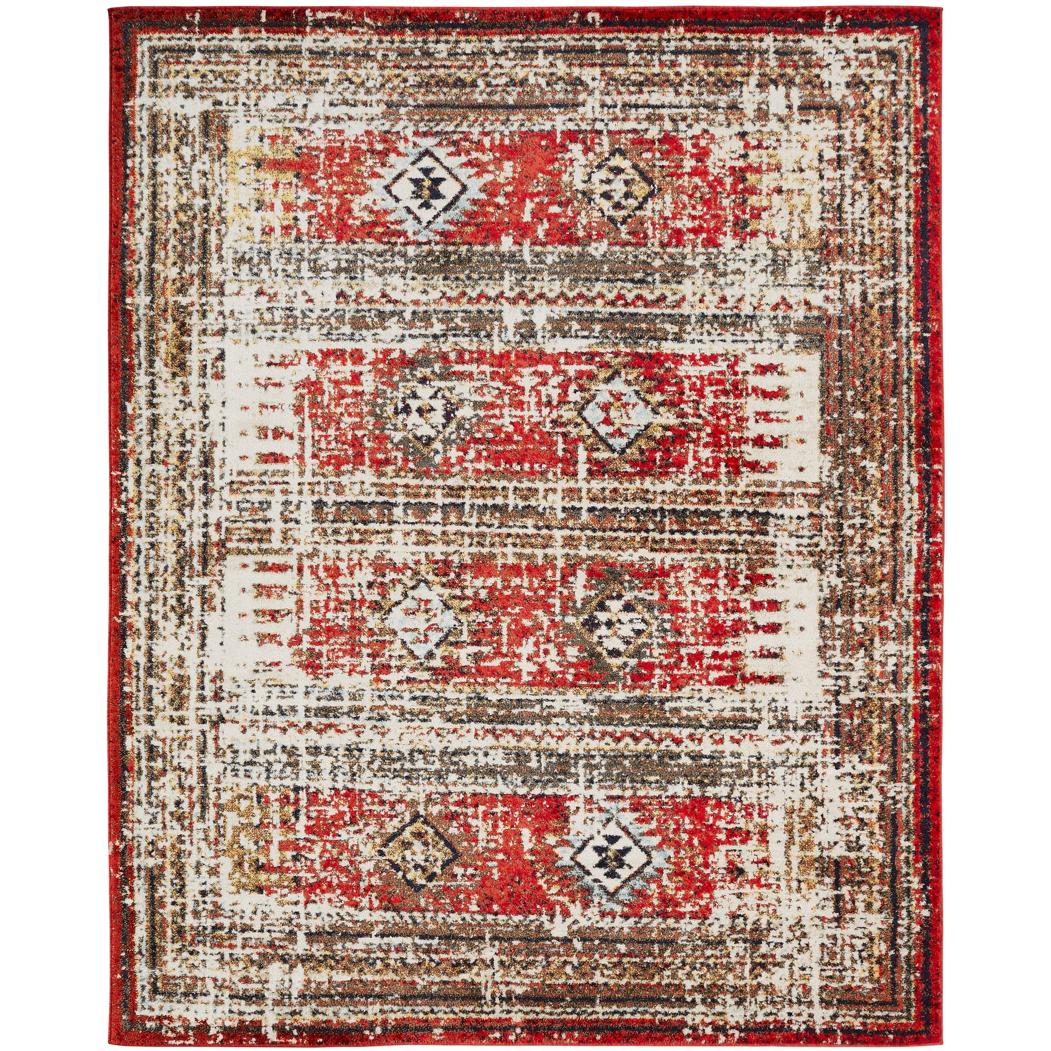 Porch & Den Quinault Distressed Red Stripe and Diamond Area Rug