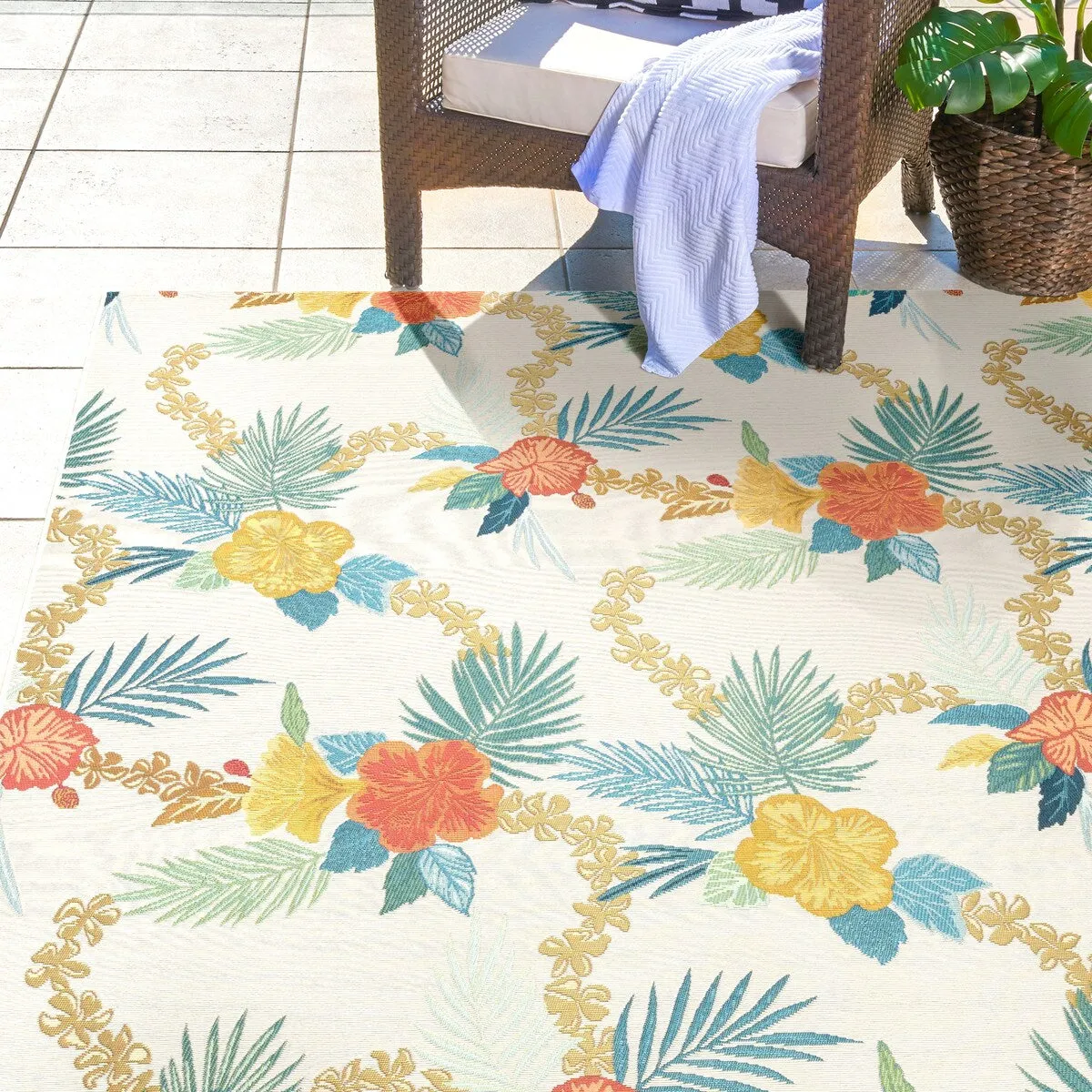 Reyn Spooner Fresco Laka Ivory/Blue/Yellow Floral Lei Flatweave Indoor/ Outdoor Area Rug
