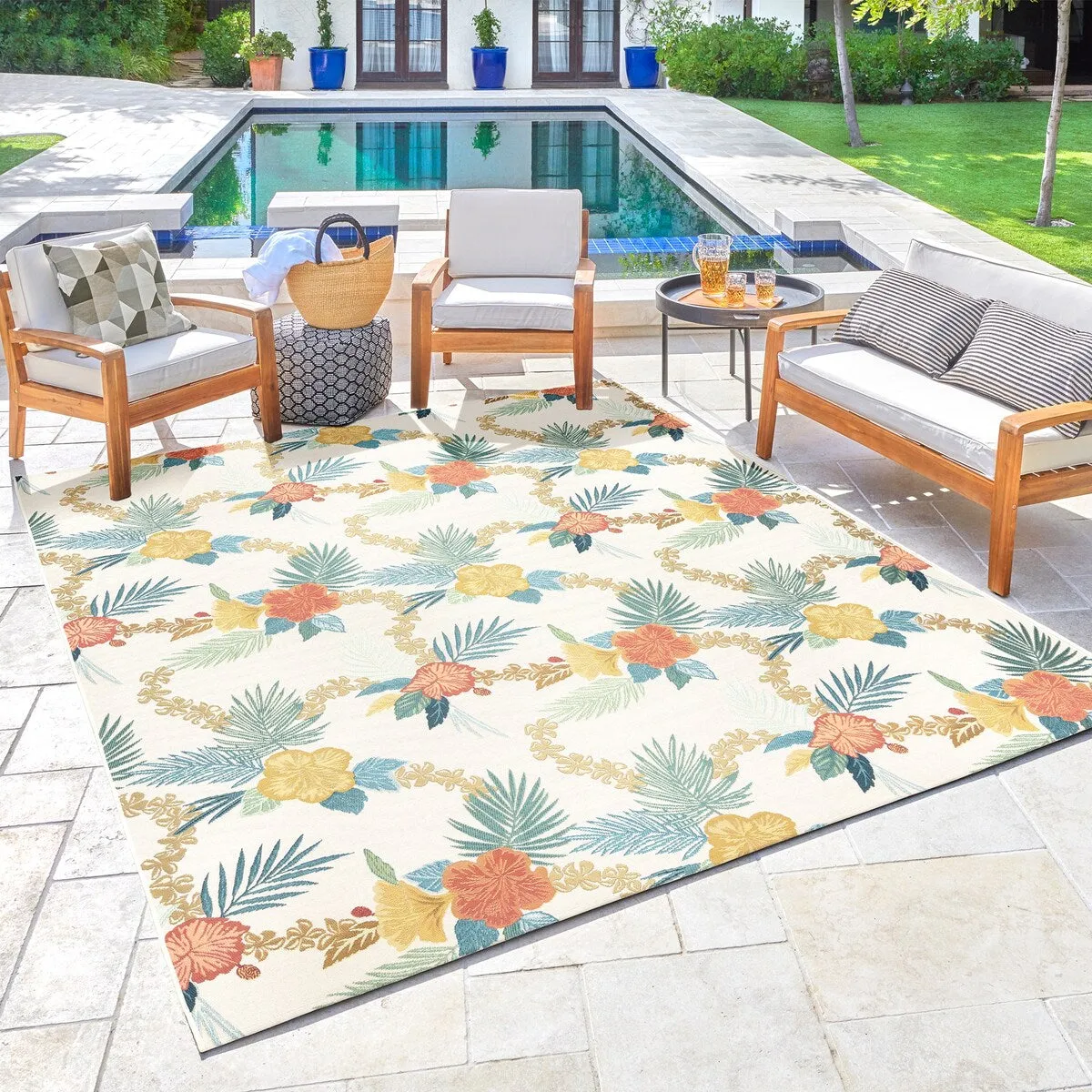 Reyn Spooner Fresco Laka Ivory/Blue/Yellow Floral Lei Flatweave Indoor/ Outdoor Area Rug