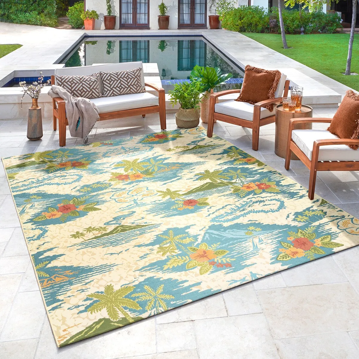 Reyn Spooner Fresco Lanai Beige/Blue Tropical Island Volcano Flatweave Indoor/ Outdoor Area Rug