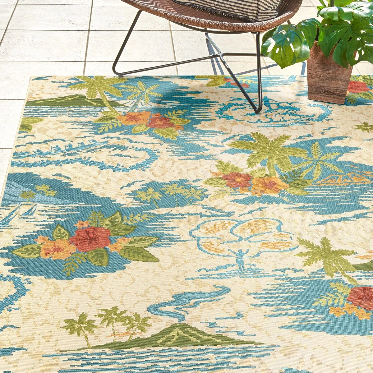 Reyn Spooner Fresco Lanai Beige/Blue Tropical Island Volcano Flatweave Indoor/ Outdoor Area Rug
