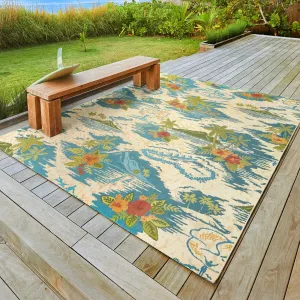 Reyn Spooner Fresco Lanai Beige/Blue Tropical Island Volcano Flatweave Indoor/ Outdoor Area Rug