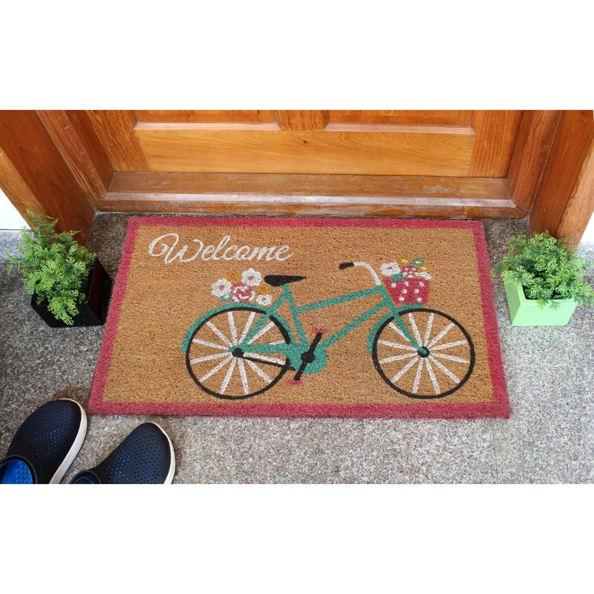 RugSmith Multi Machine Tufted Welcome Teal Cycle Doormat. 18x30