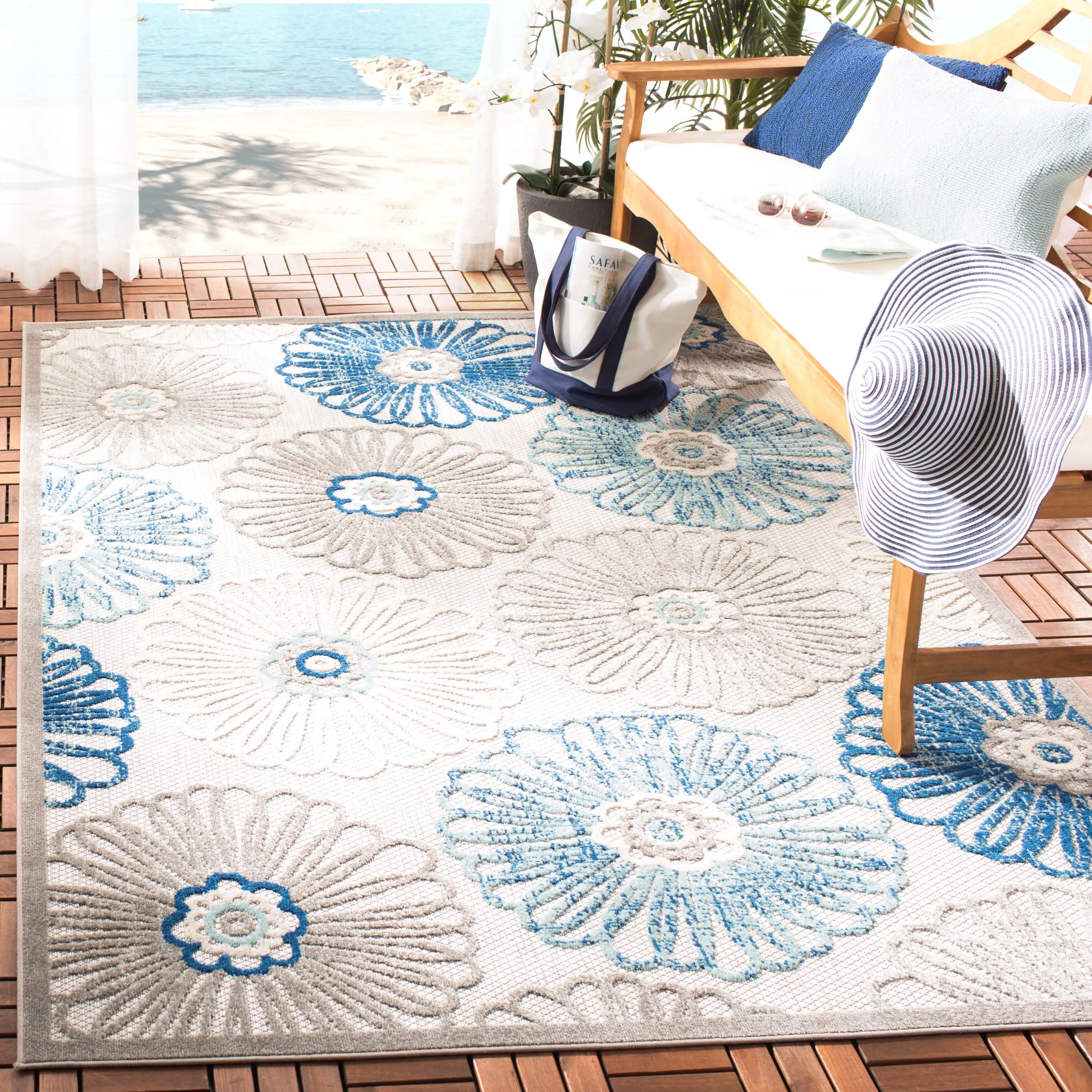 SAFAVIEH Cabana Goldia Indoor/ Outdoor Waterproof Patio Floral Rug - Grey/Blue - 5'3 x 7'6