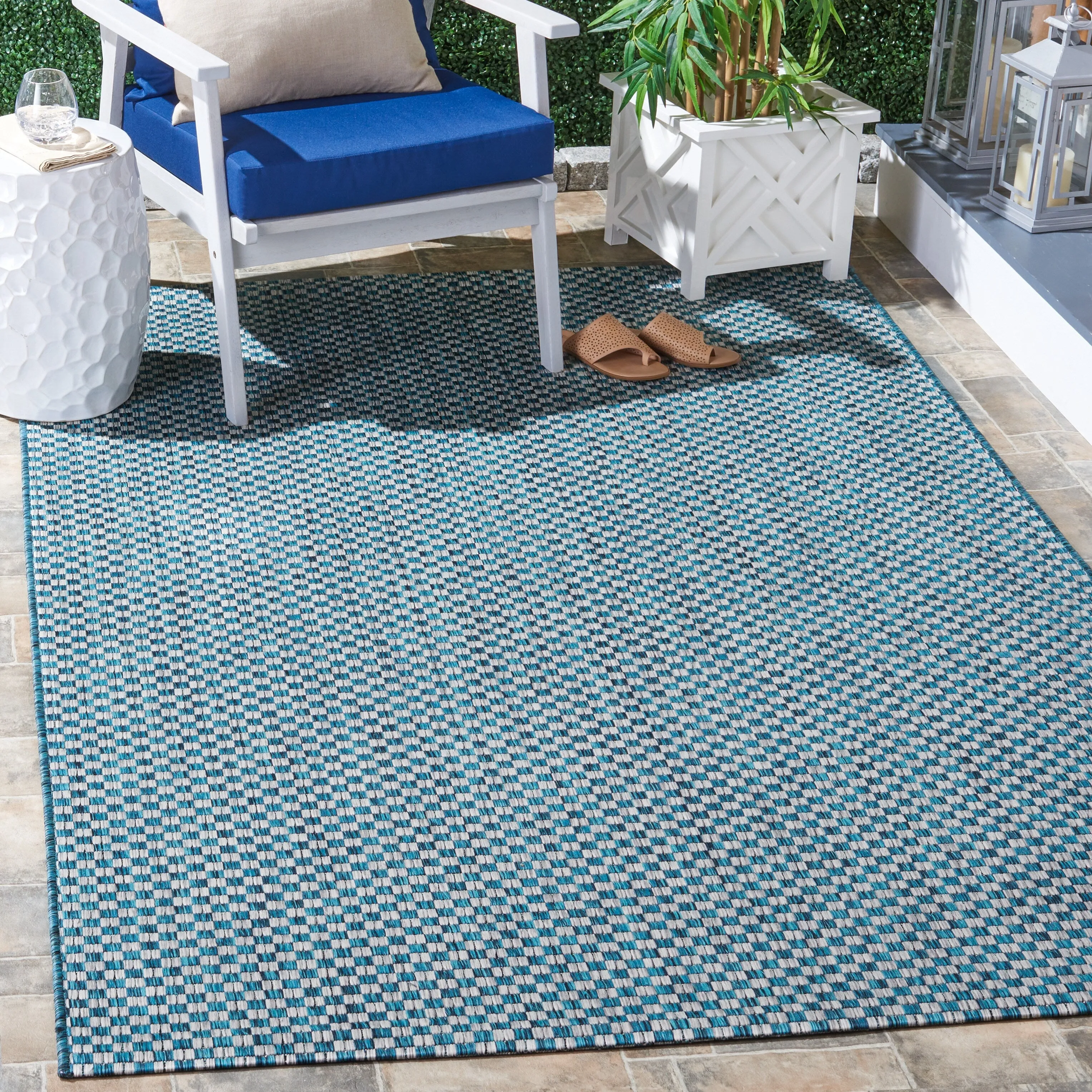 SAFAVIEH Courtyard Judi Indoor/ Outdoor Patio Backyard Rug - Turquoise/Light Grey - 8' x 11'