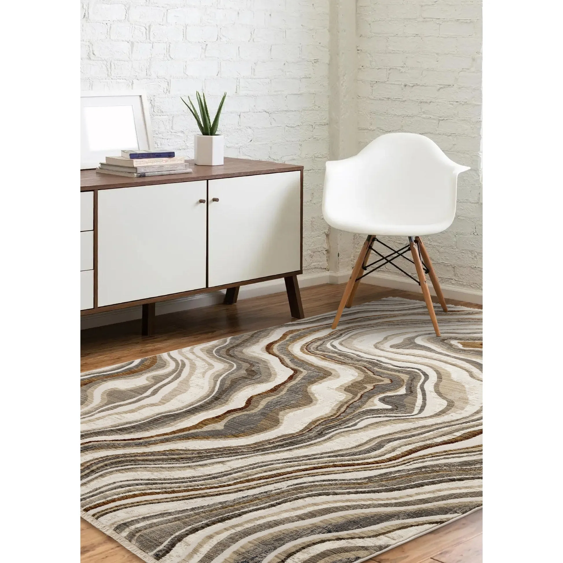 Santiago Collection - Cream Grey Brown Wavy Landscape Area Rug