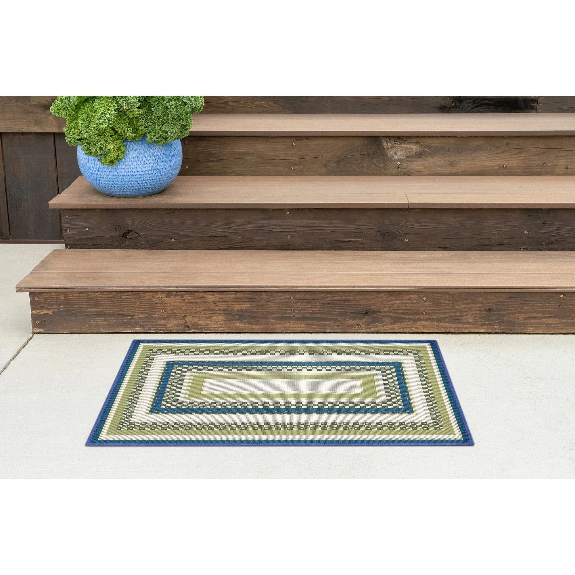 Sizzling Nautical & Coastal Striped Border Indoor/Outdoor Area Rug