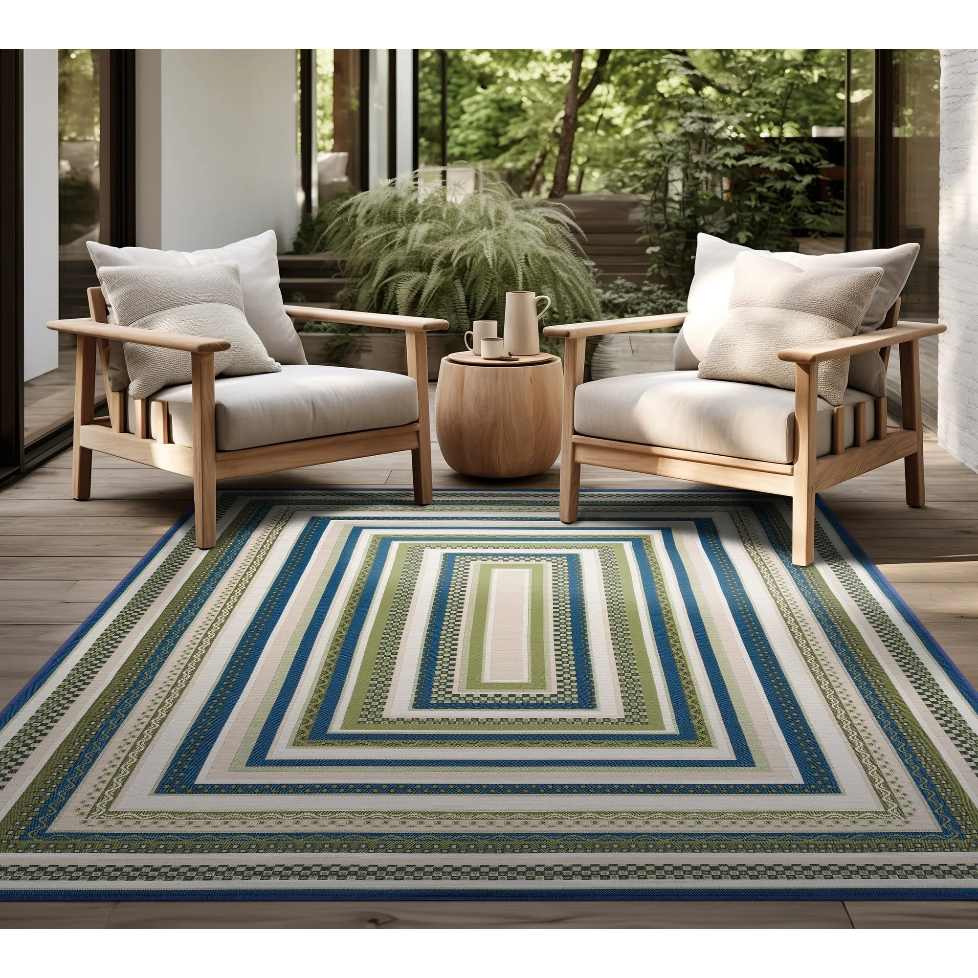 Sizzling Nautical & Coastal Striped Border Indoor/Outdoor Area Rug