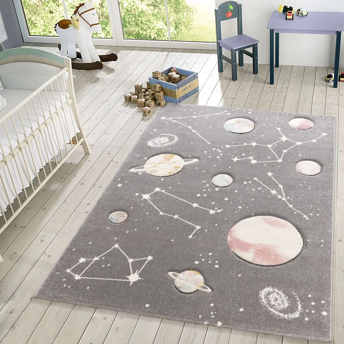 Space Rug for Kids Colorful Galaxy with Planets and Stars in Grey
