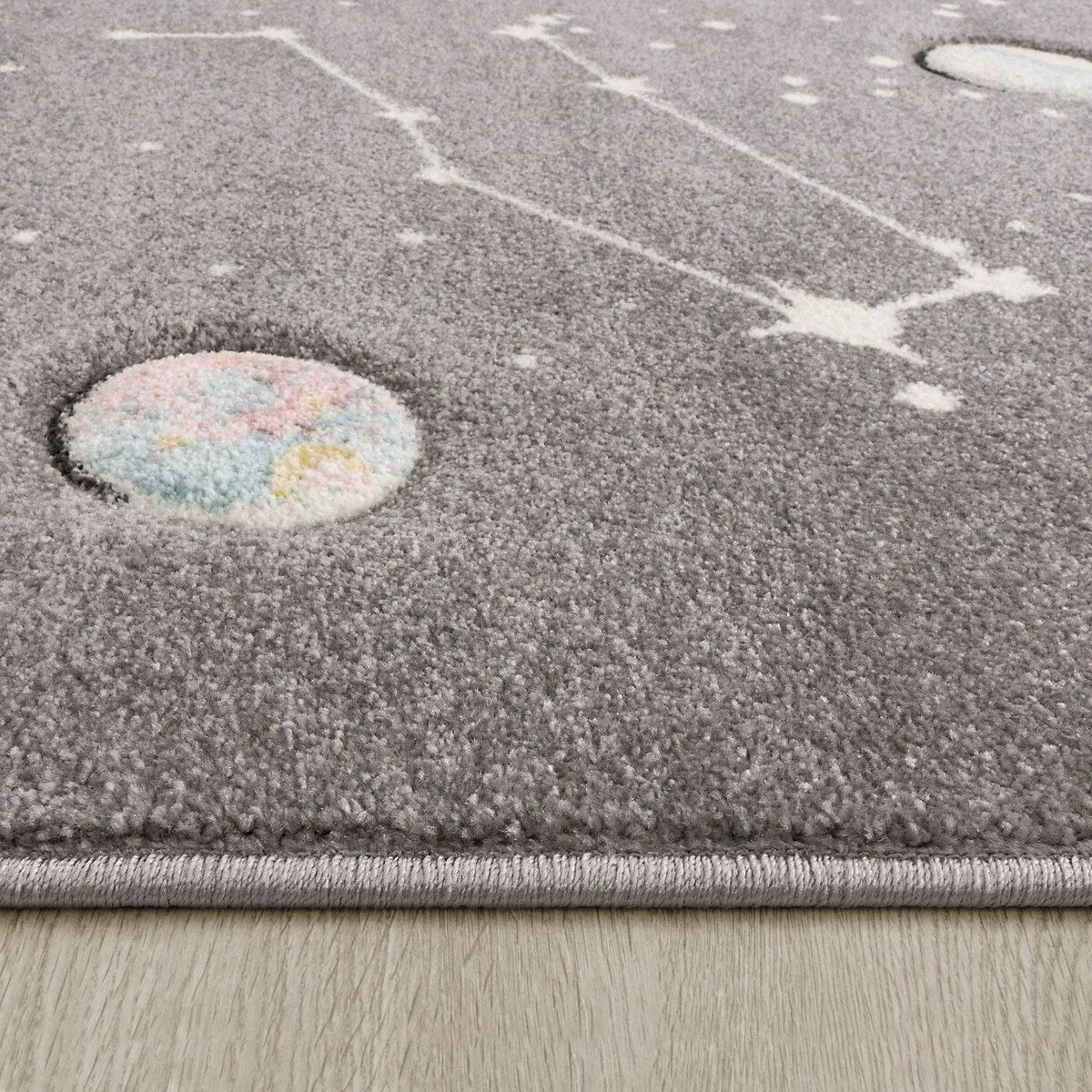 Space Rug for Kids Colorful Galaxy with Planets and Stars in Grey