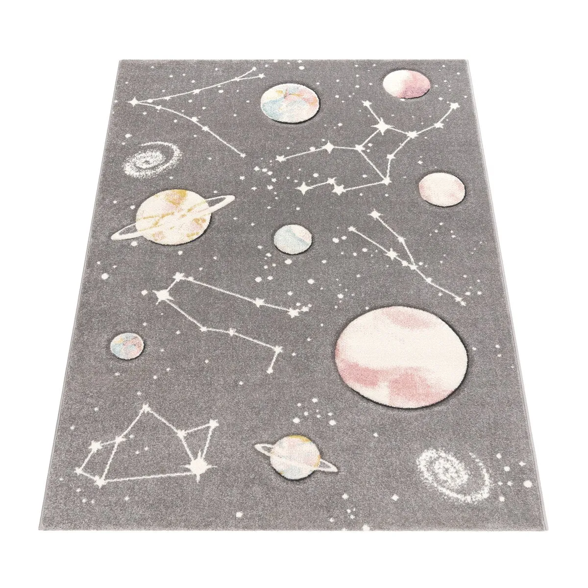 Space Rug for Kids Colorful Galaxy with Planets and Stars in Grey