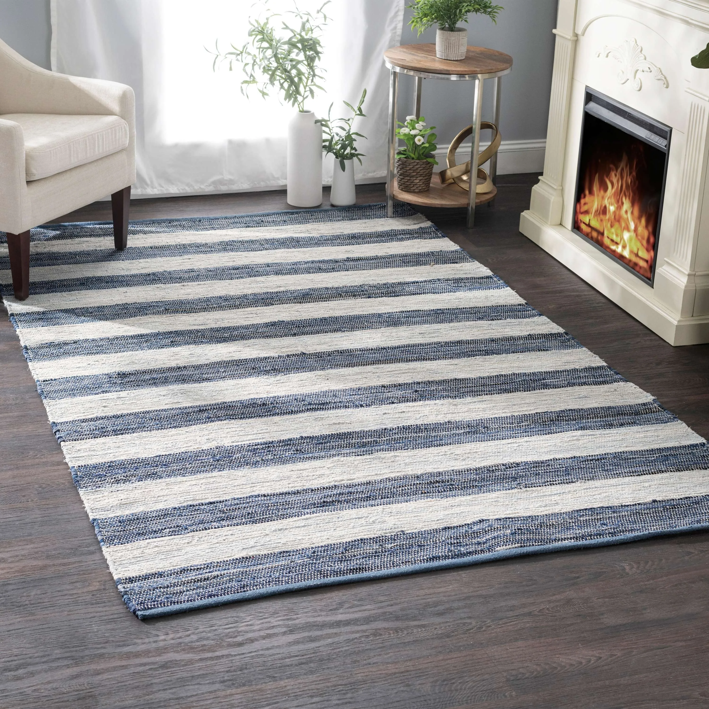Striped Rag Denim Handwoven Cotton Rug