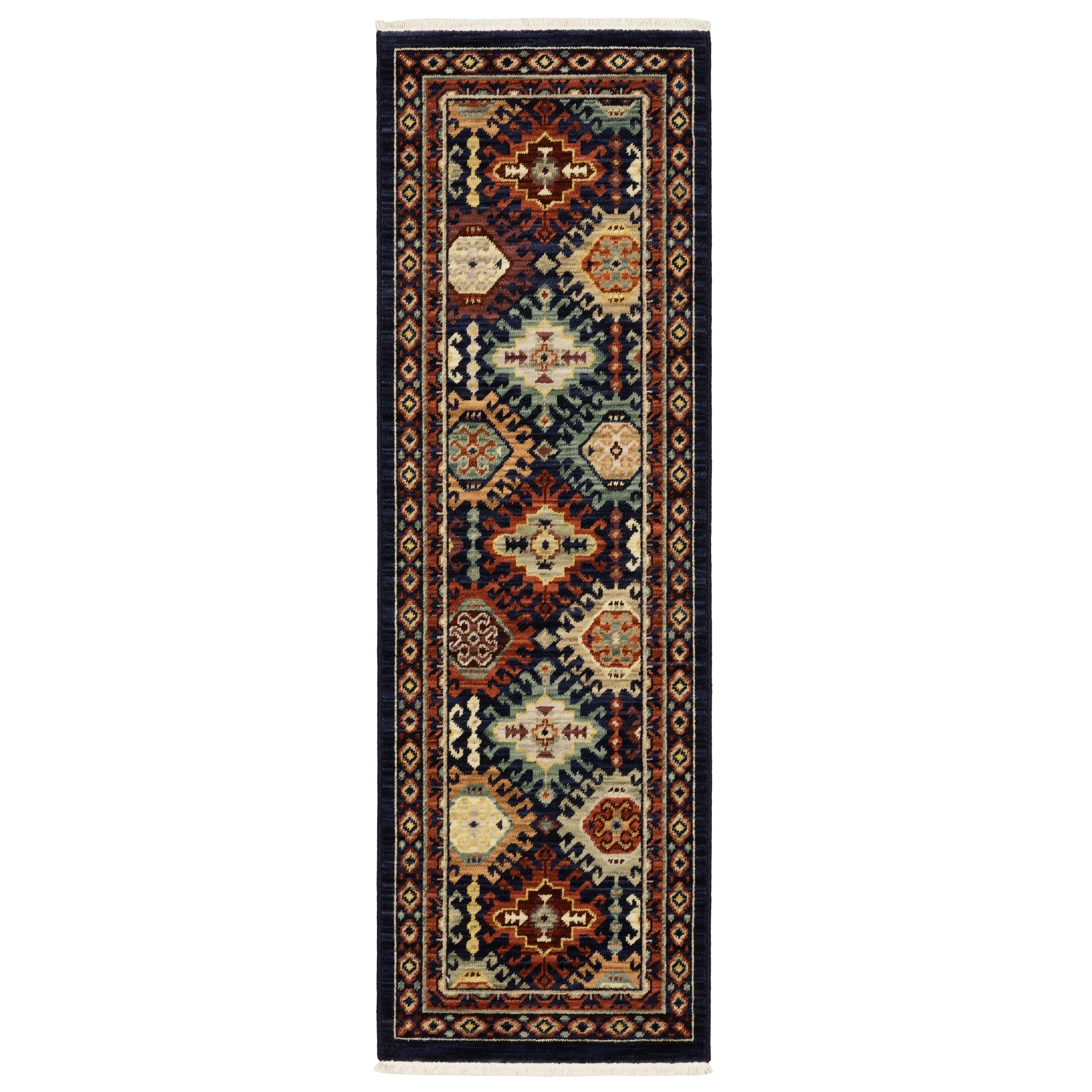 Style Haven Leander Tribal Panel Navy/ Multi Fringed Wool Blend Rug-