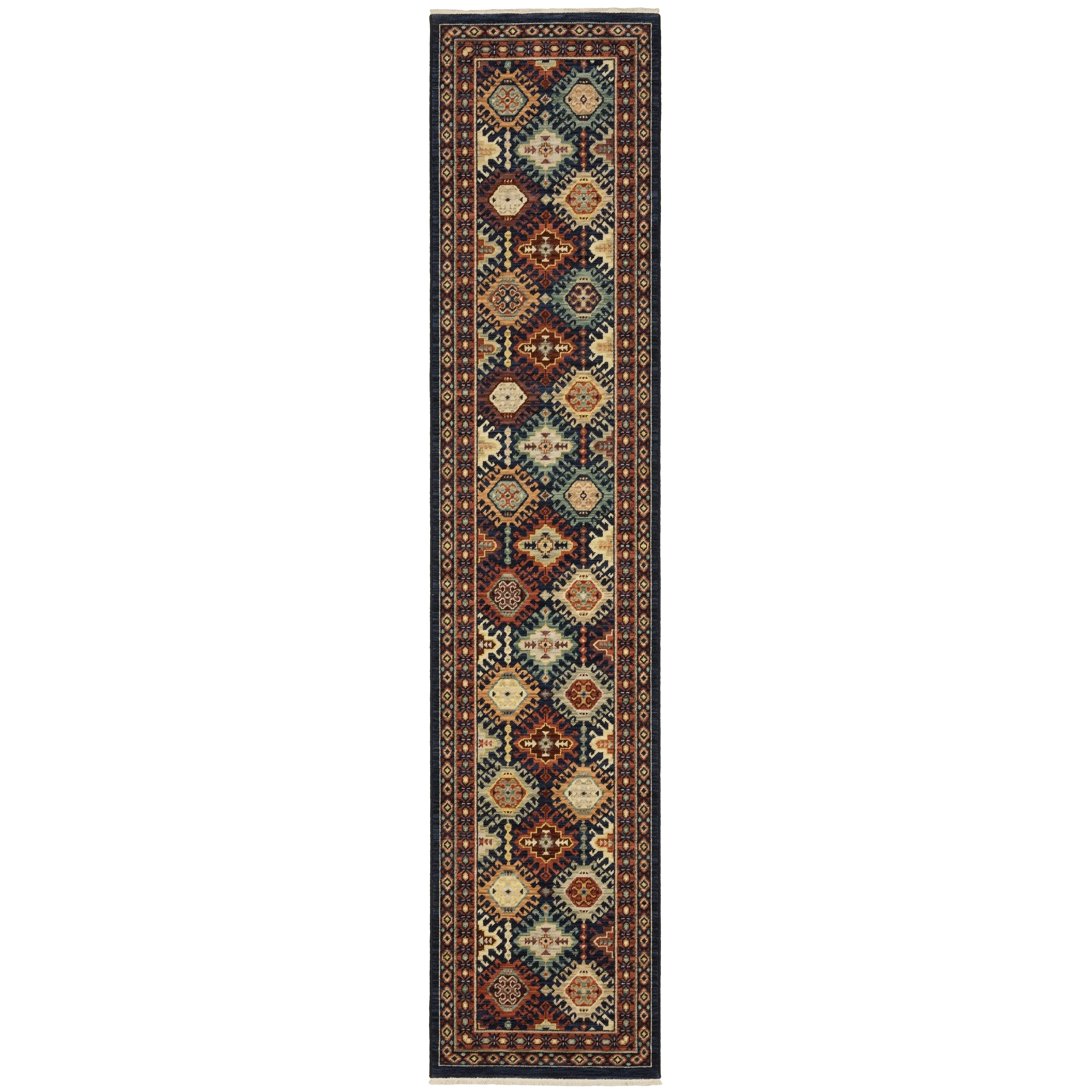 Style Haven Leander Tribal Panel Navy/ Multi Fringed Wool Blend Rug-
