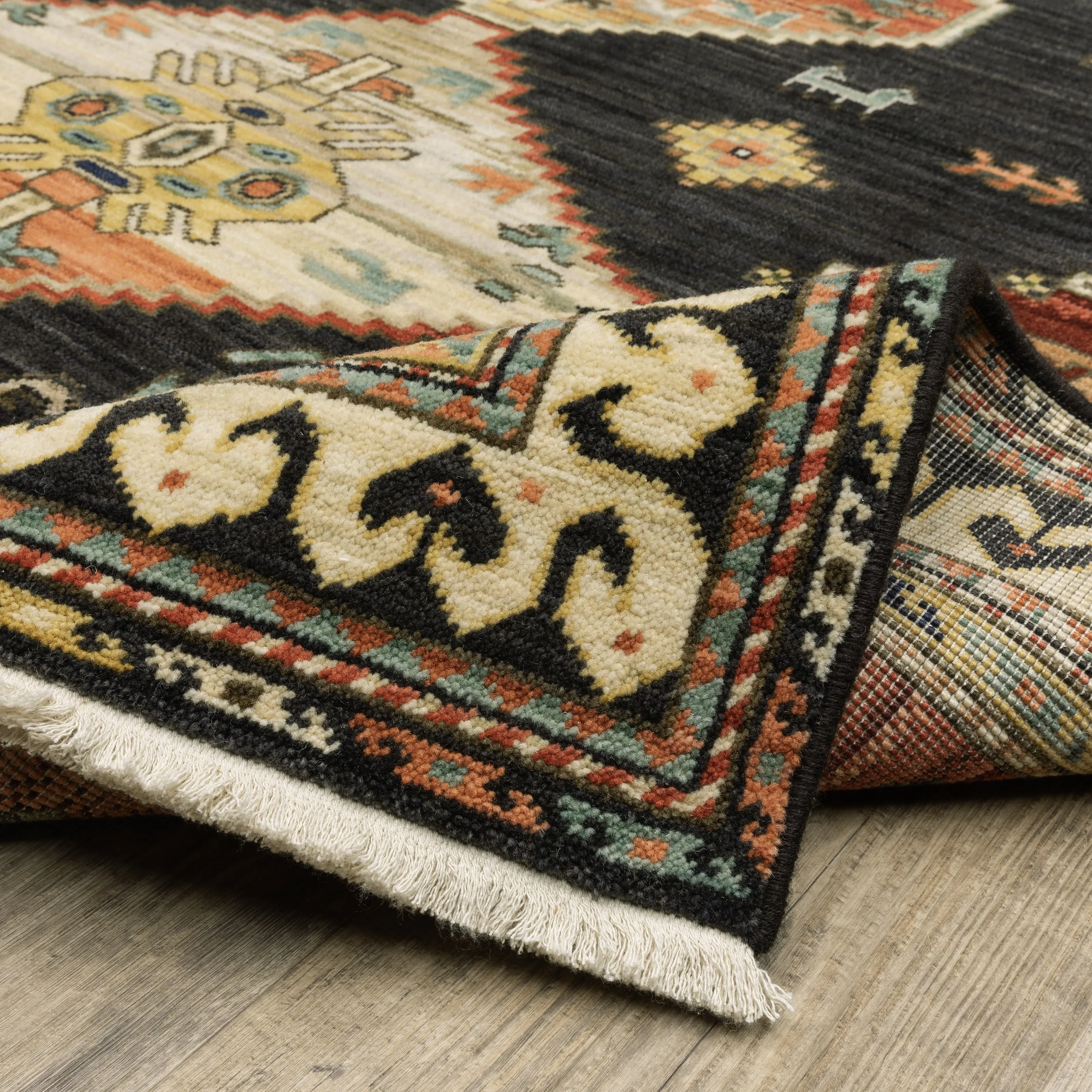 Style Haven Leander Tribal Triple Medallion Charcoal/ Multi Fringed Wool Blend Rug-