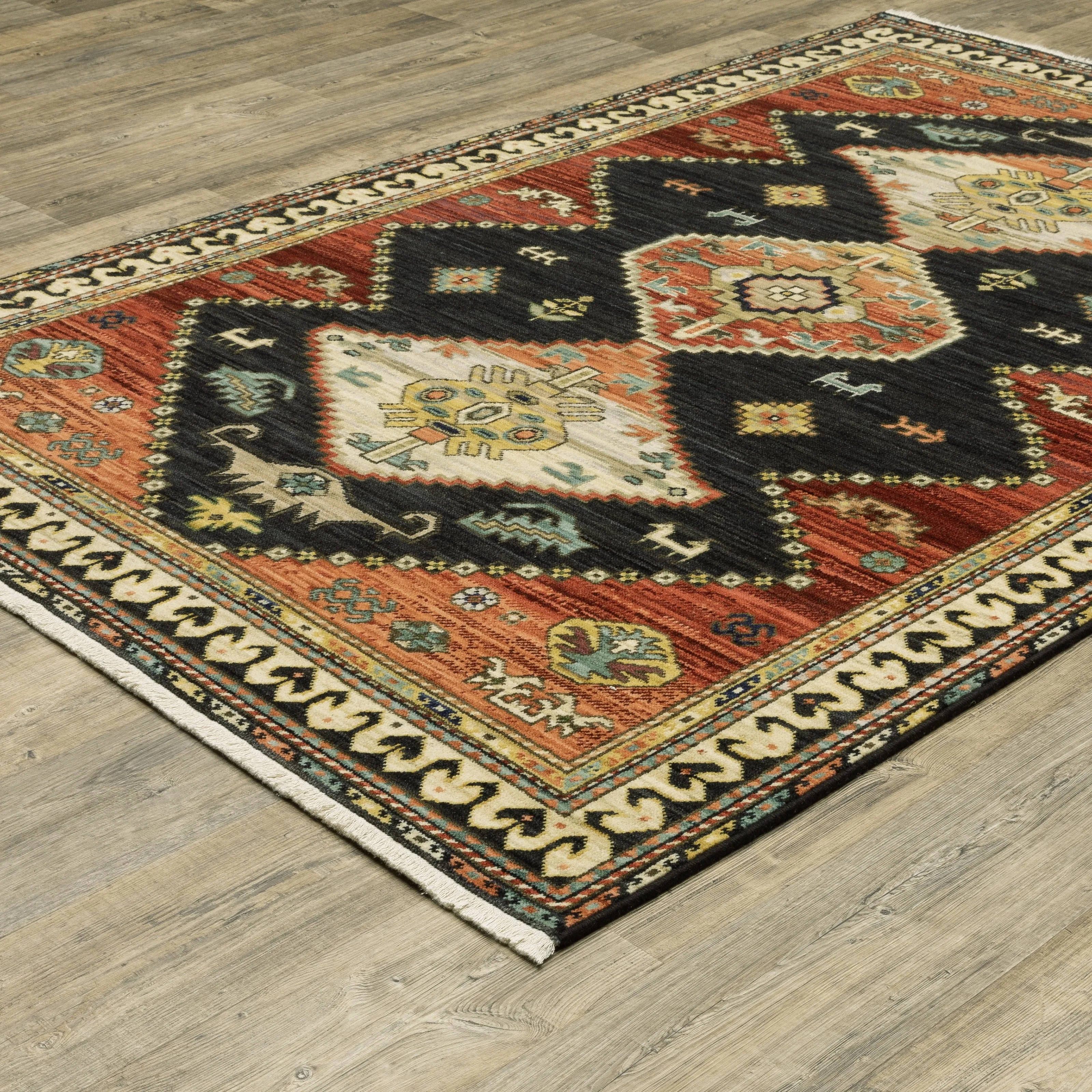 Style Haven Leander Tribal Triple Medallion Charcoal/ Multi Fringed Wool Blend Rug-