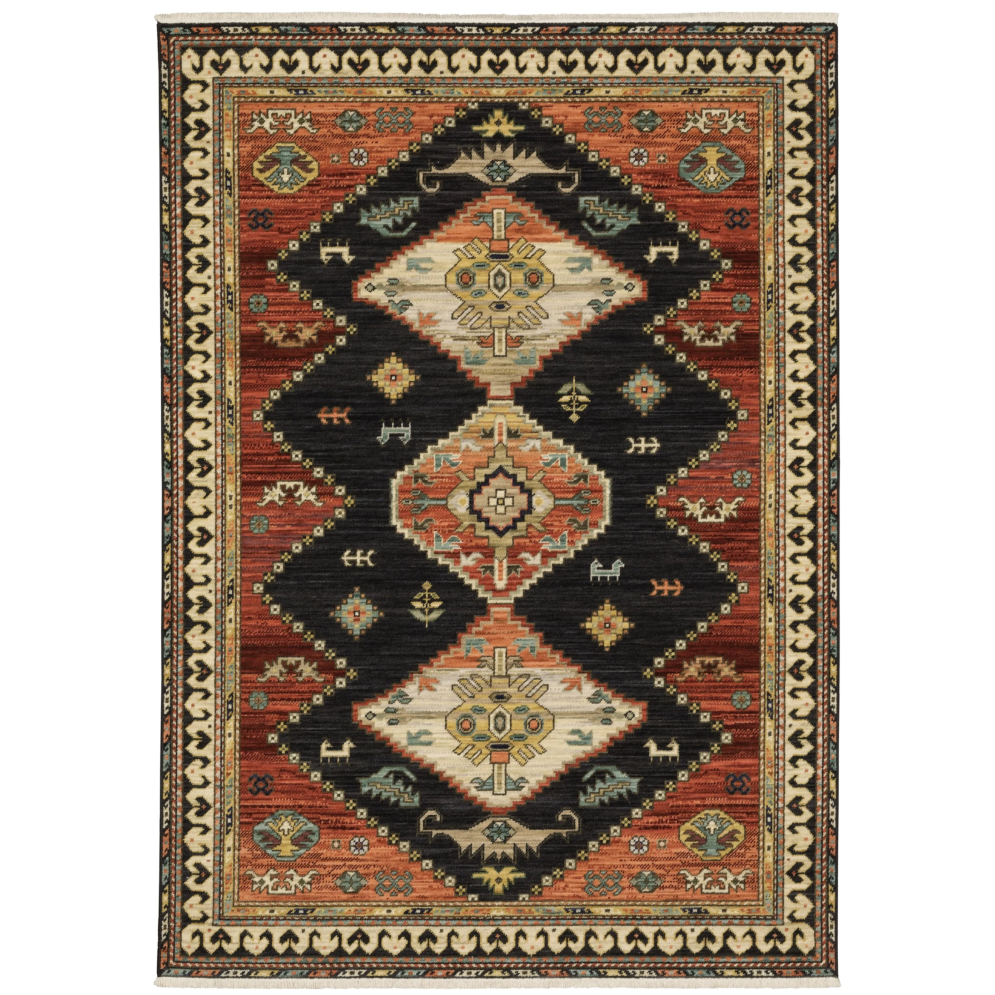 Style Haven Leander Tribal Triple Medallion Charcoal/ Multi Fringed Wool Blend Rug-
