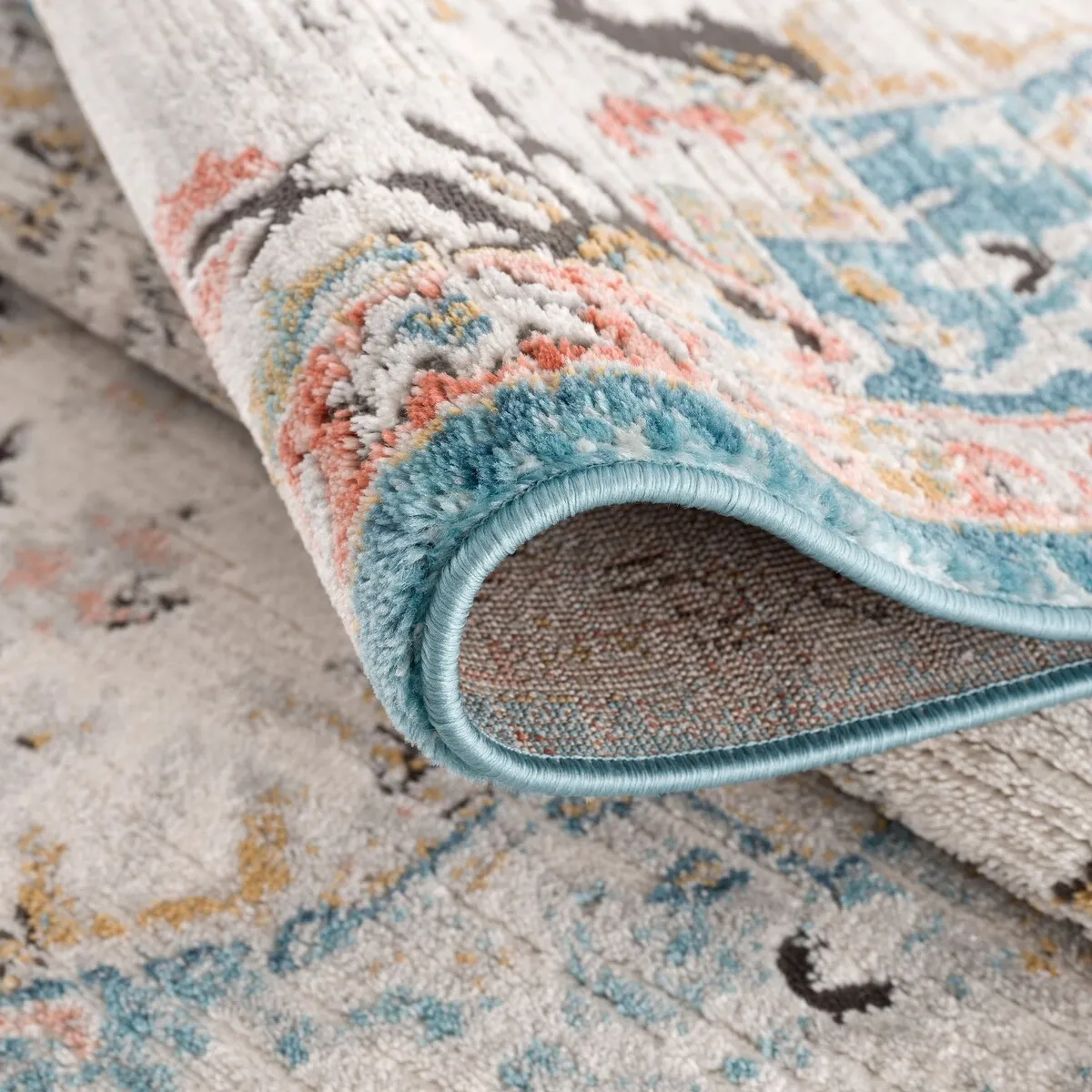 Traditional Persian Oriental Distressed Teal Turquoise Ivory Grey Orange Area Rug